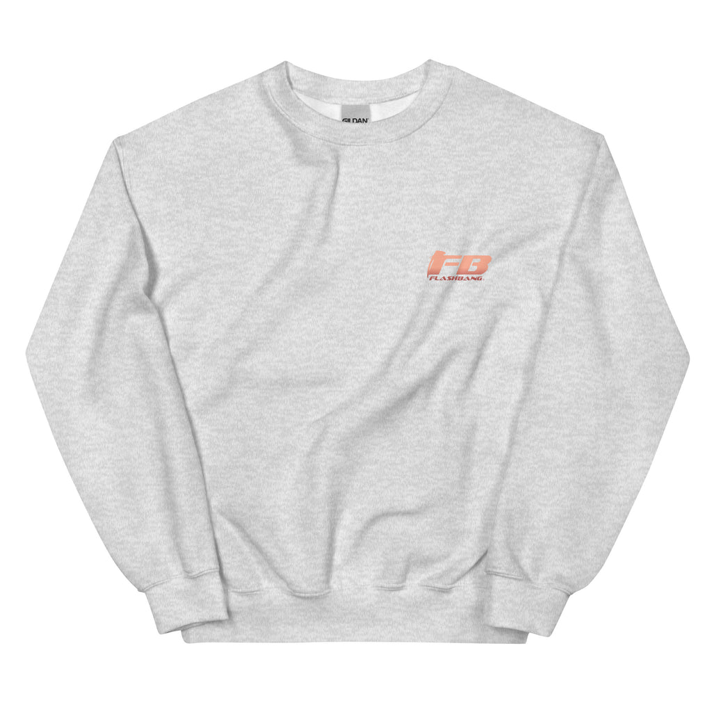 Gray sweatshirt with a logo on the chest against a white background