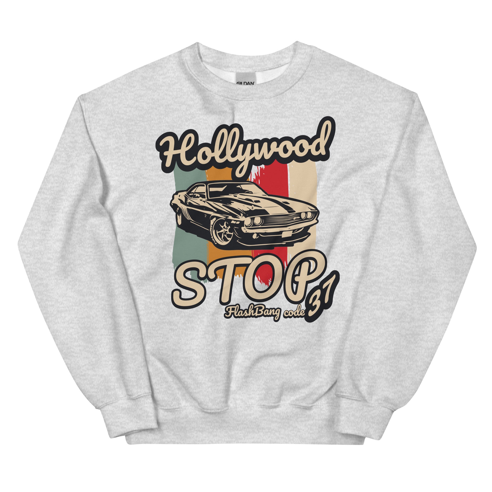 Gray sweatshirt with a vintage car graphic and text on a white background