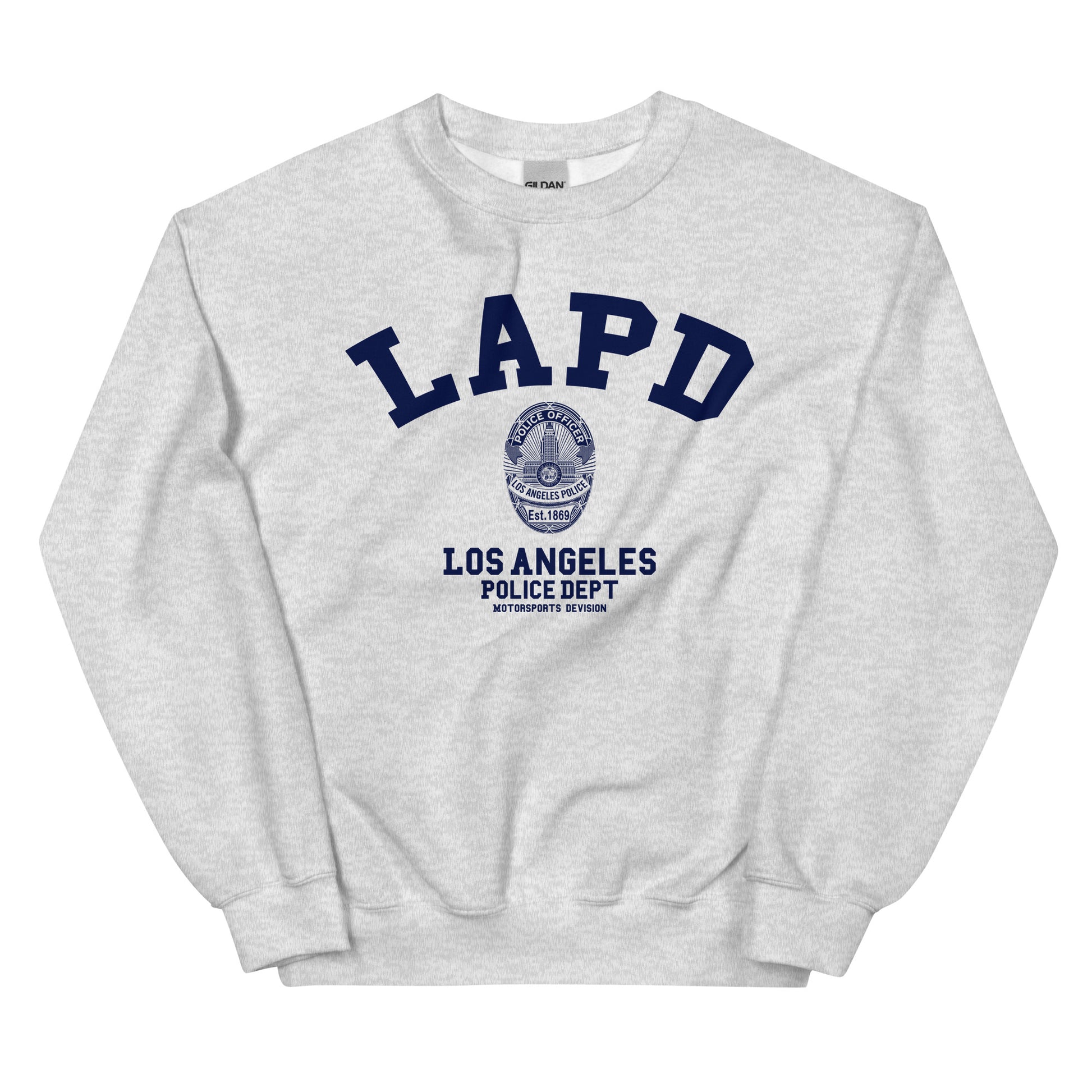 Gray sweatshirt with LAPD Los Angeles Police Dept logo on a white background