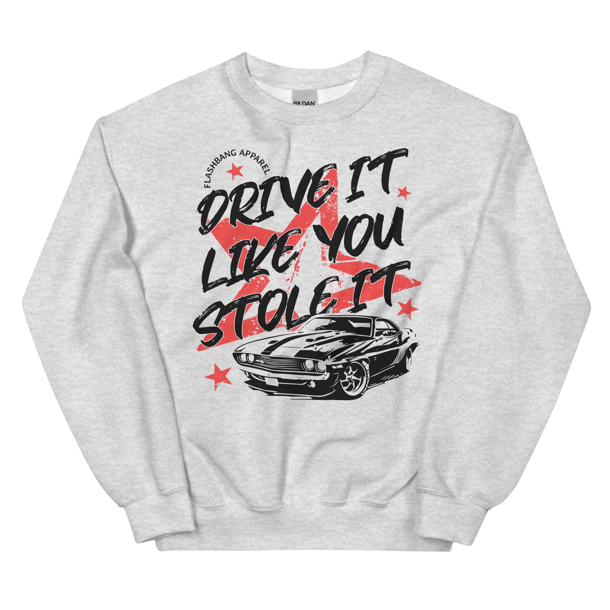 Gray sweatshirt with graphic design and text on a white background