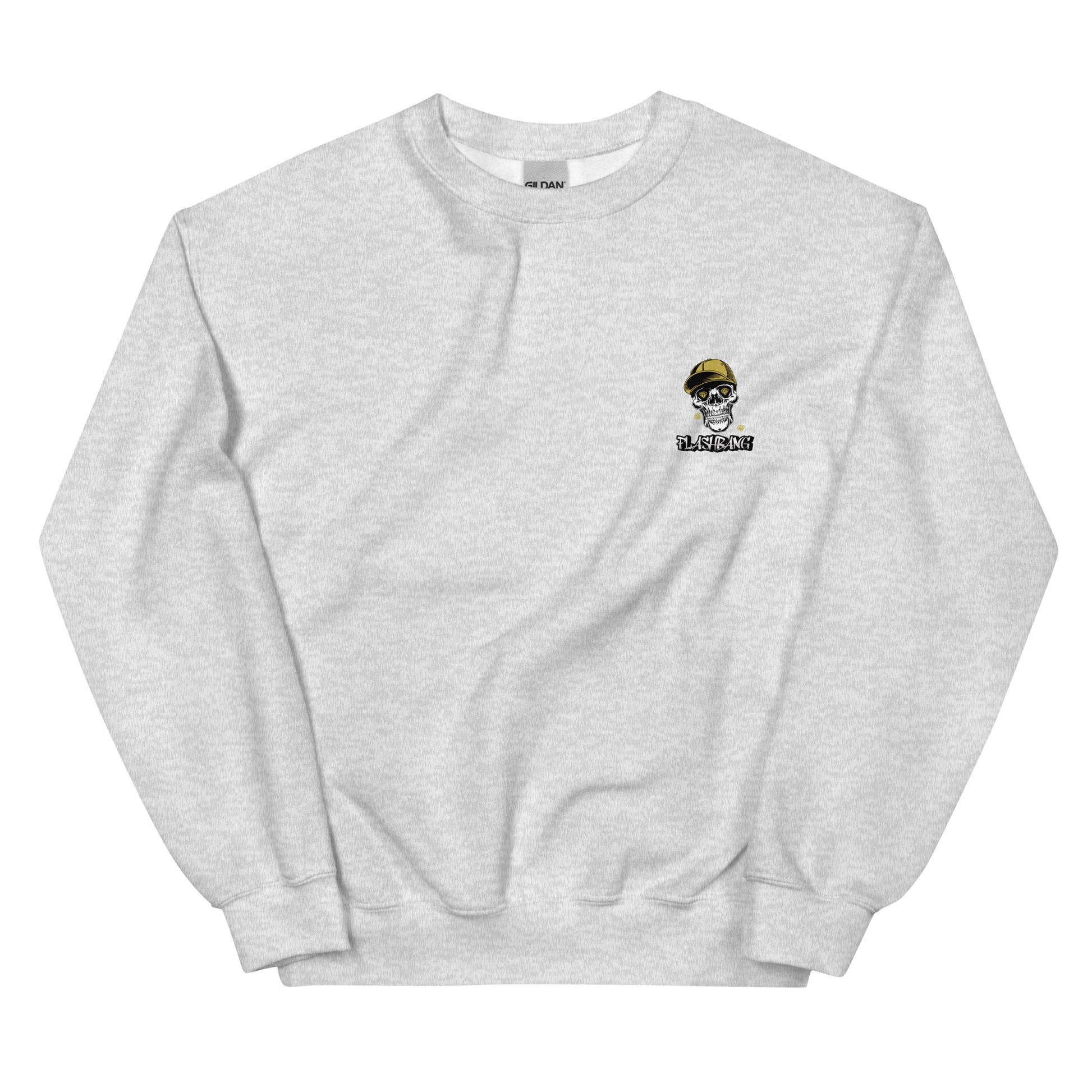 Gray sweatshirt with a small graphic on the chest against a white background