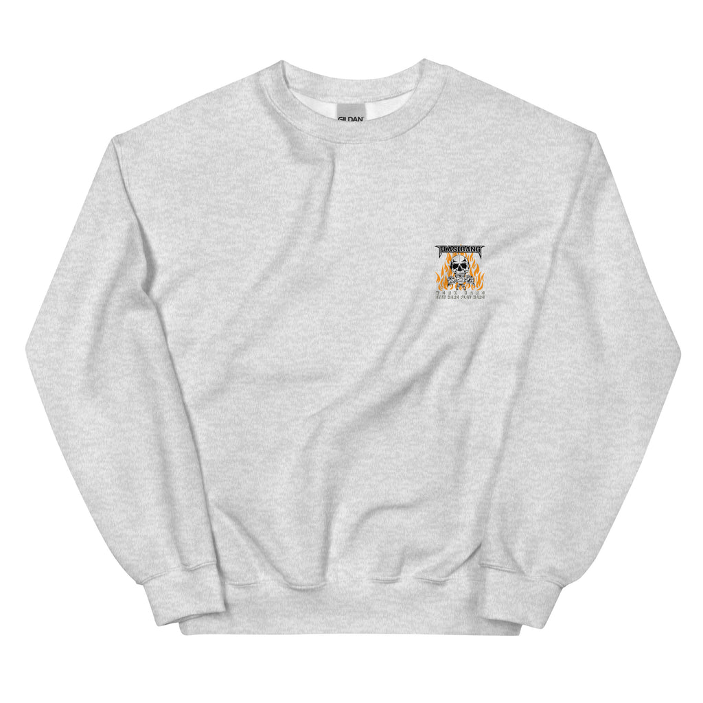 Gray sweatshirt with a small graphic on the chest against a white background