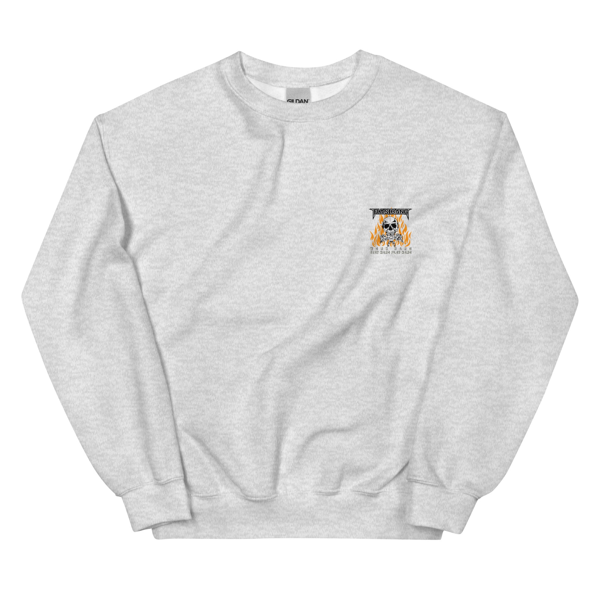 Gray sweatshirt with a small graphic on the chest against a white background