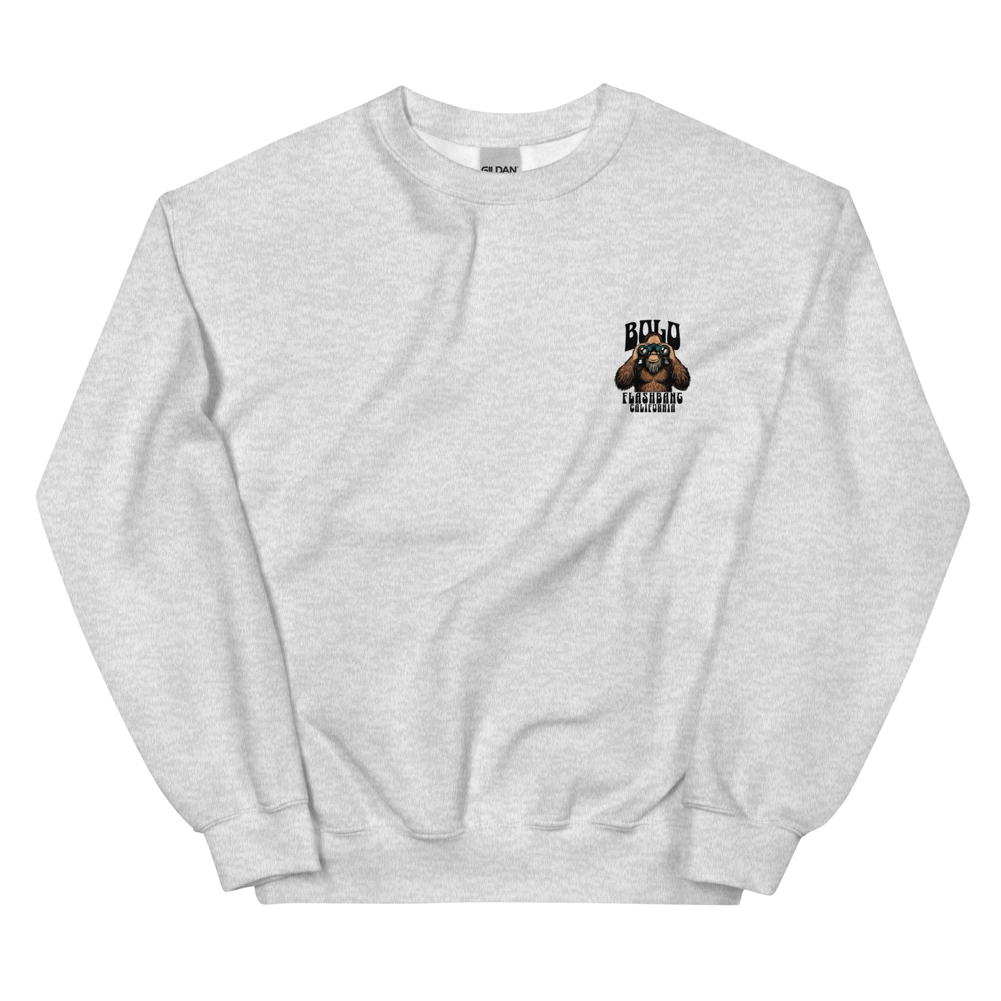 Gray sweatshirt with a graphic of a dog and text on a white background