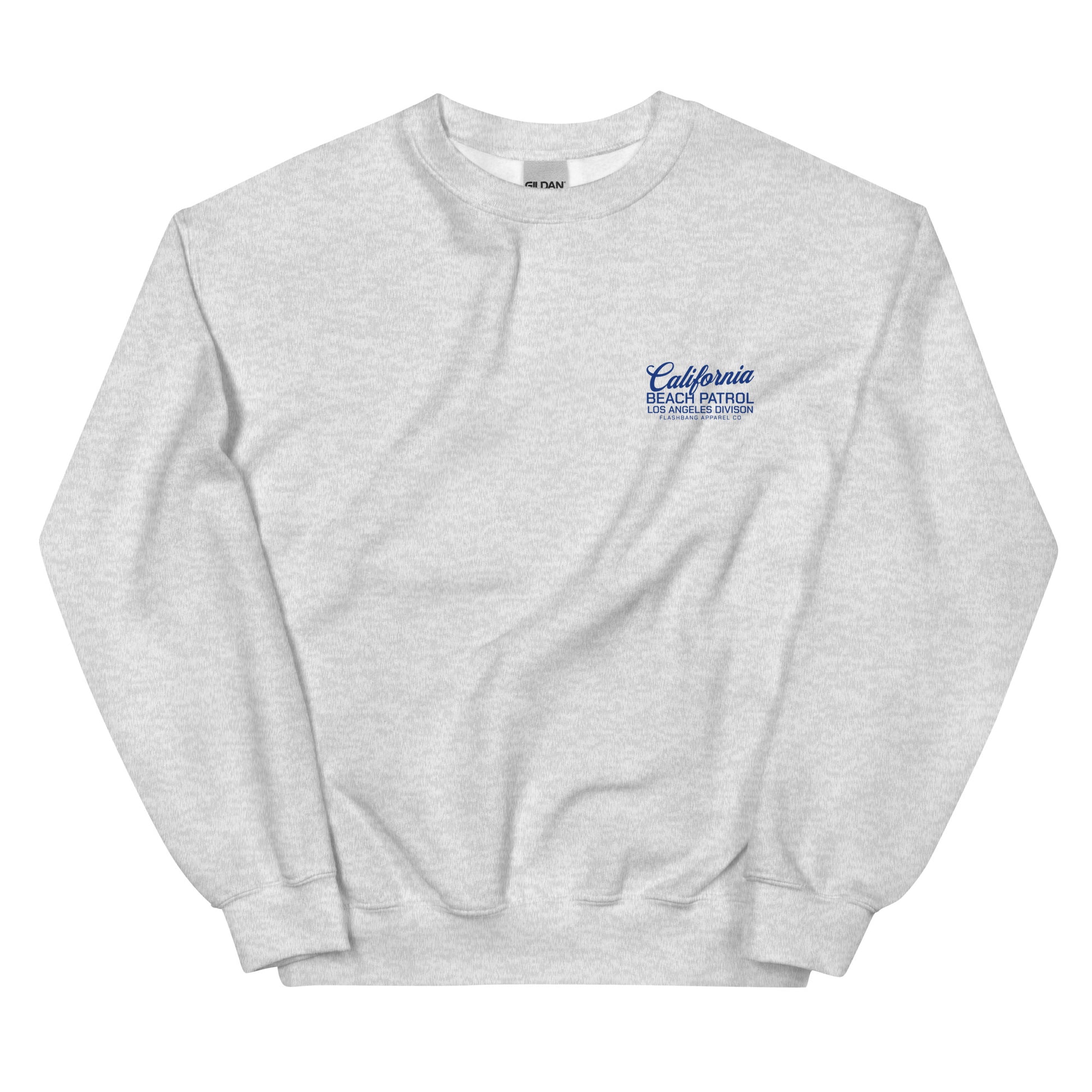 Gray sweatshirt with 'California Beach Patrol' text on a white background