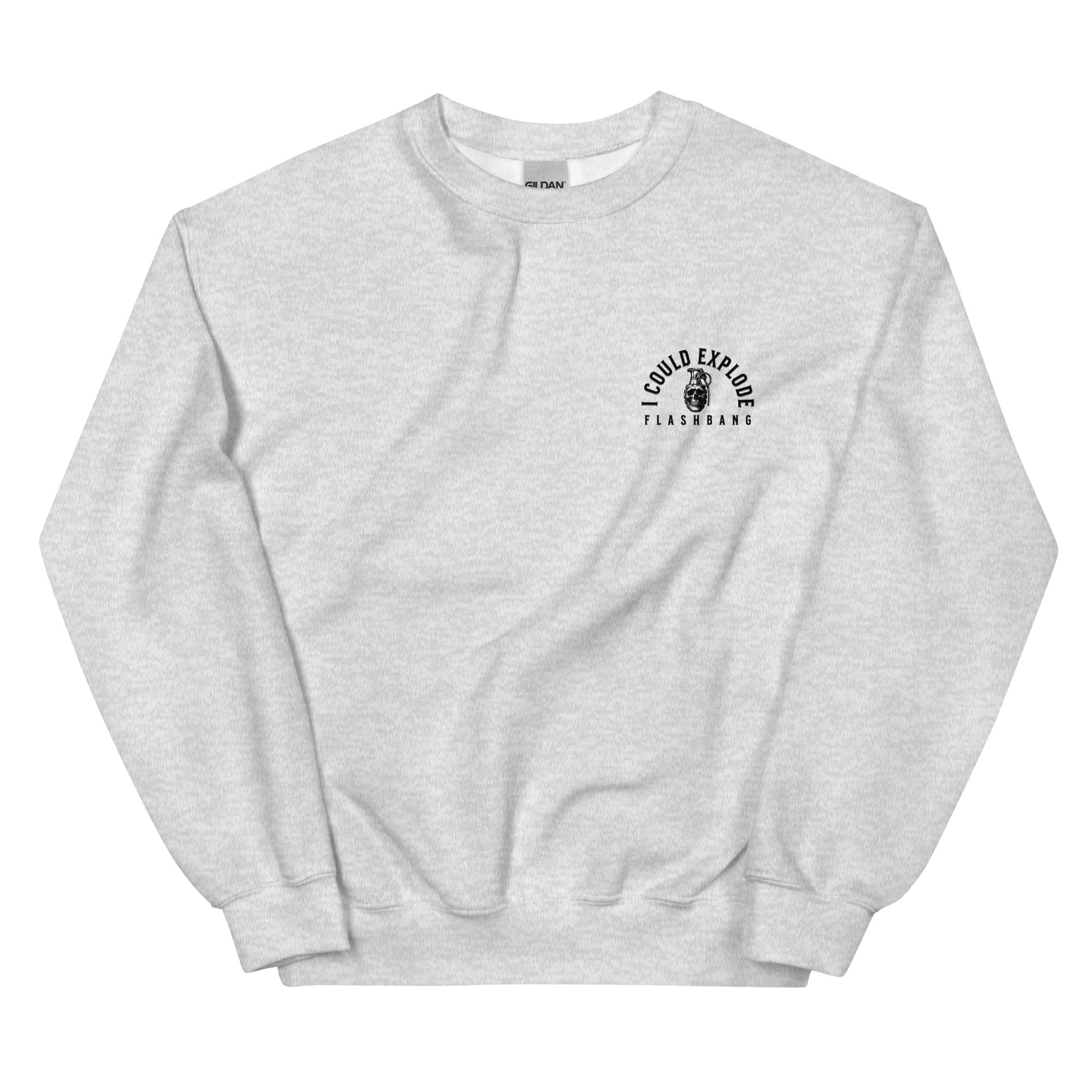 Gray sweatshirt with a black graphic and text on a white background