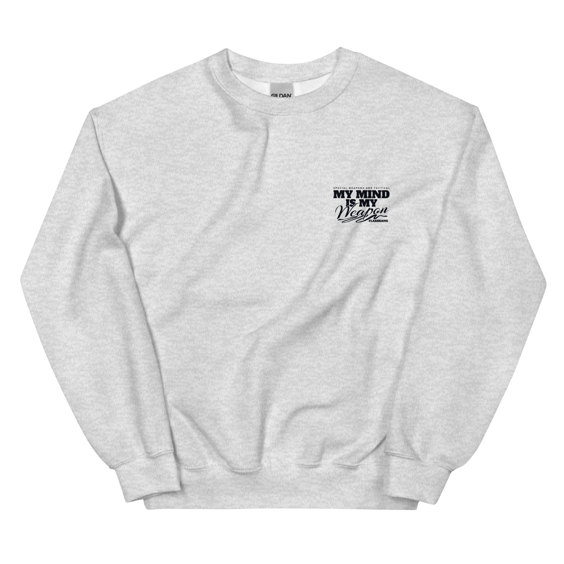 Gray sweatshirt with text on a white background