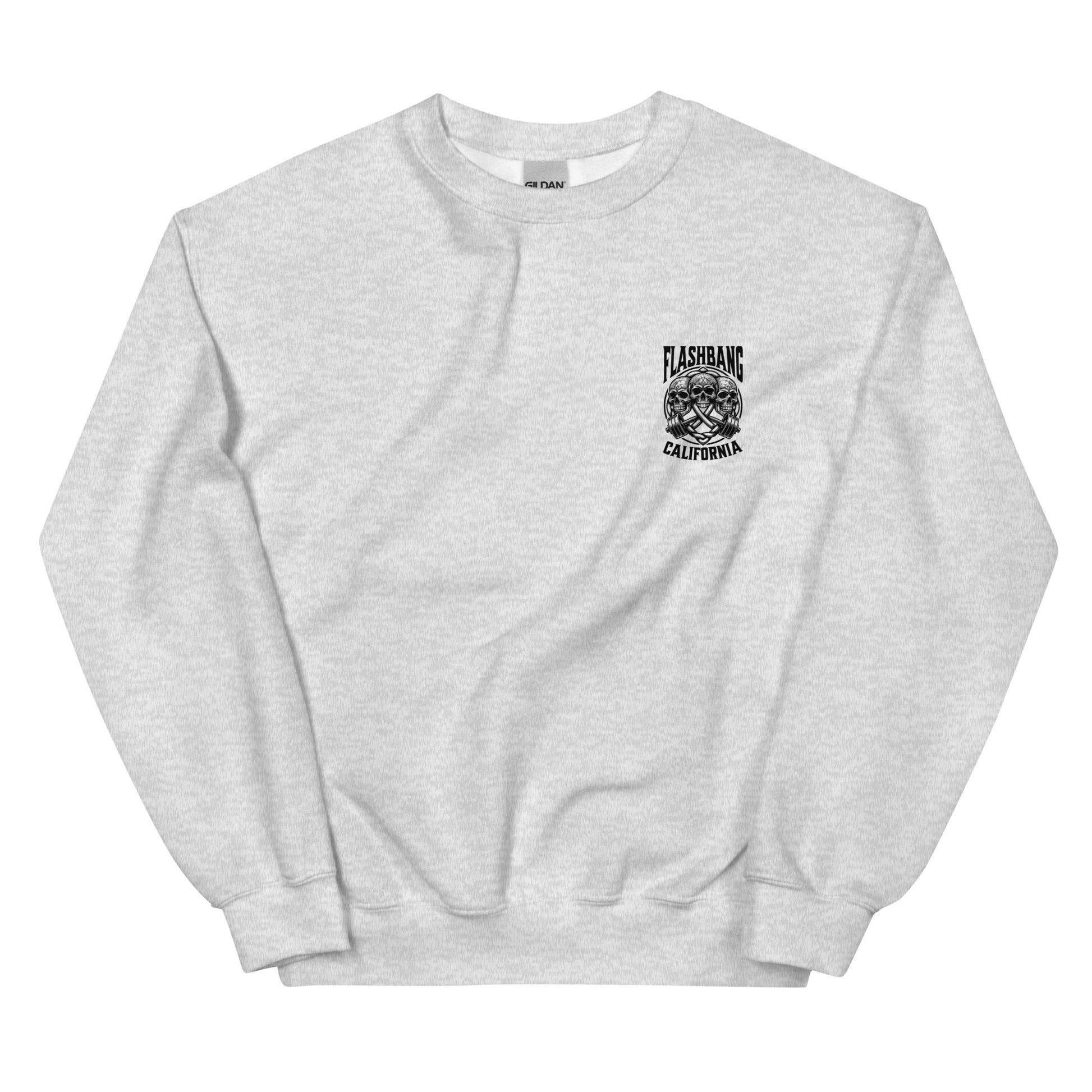 Gray sweatshirt with a graphic design on the chest against a white background