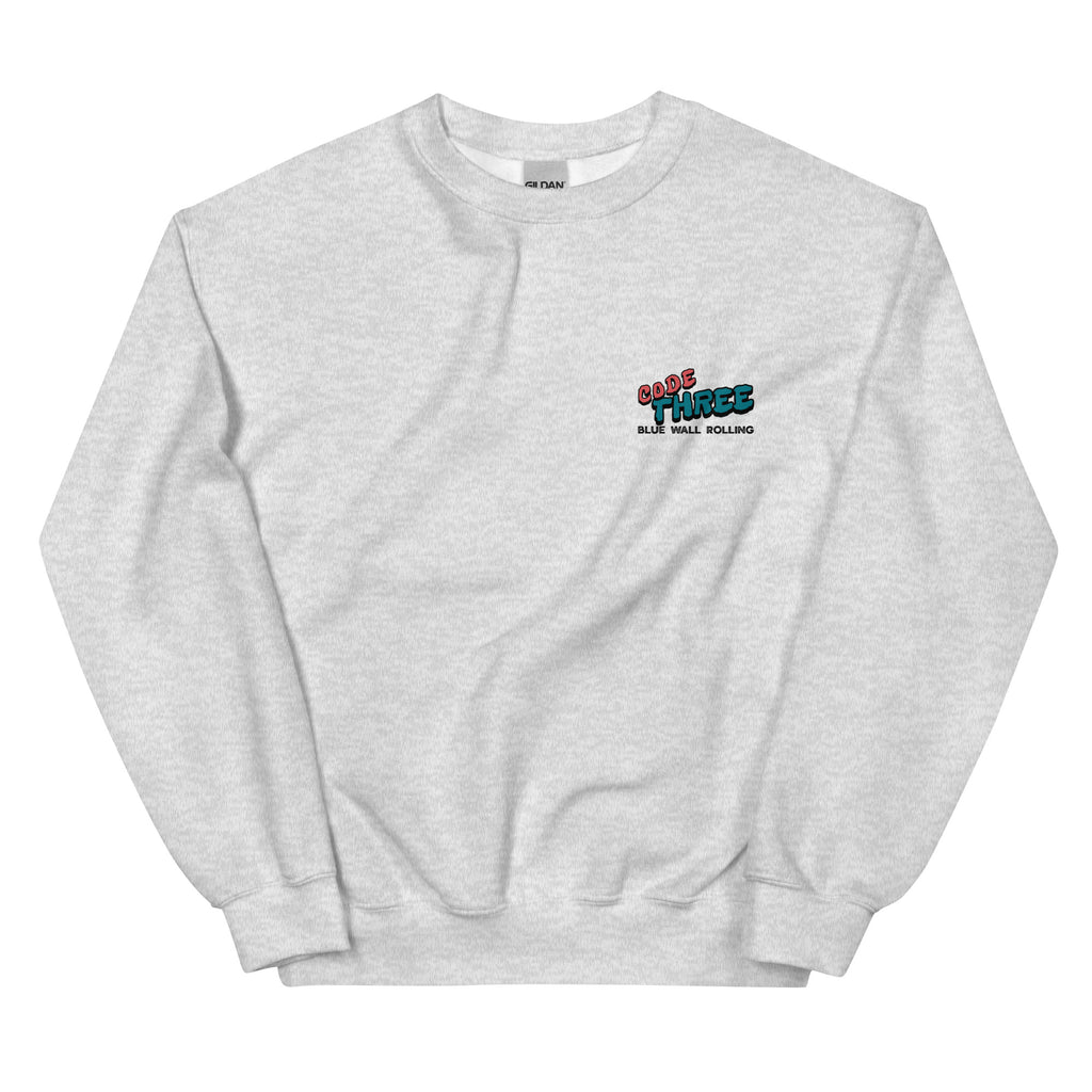 Gray sweatshirt with colorful logo on a white background