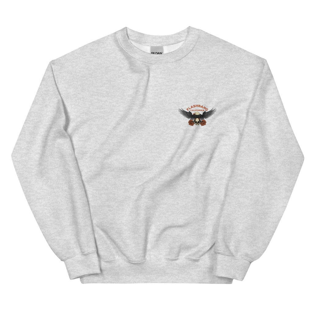 Gray sweatshirt with a logo on the chest against a white background