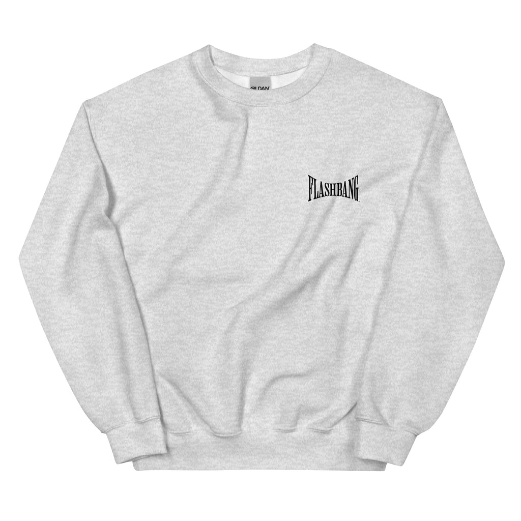 Gray sweatshirt with 'Flashbang' logo on a white background