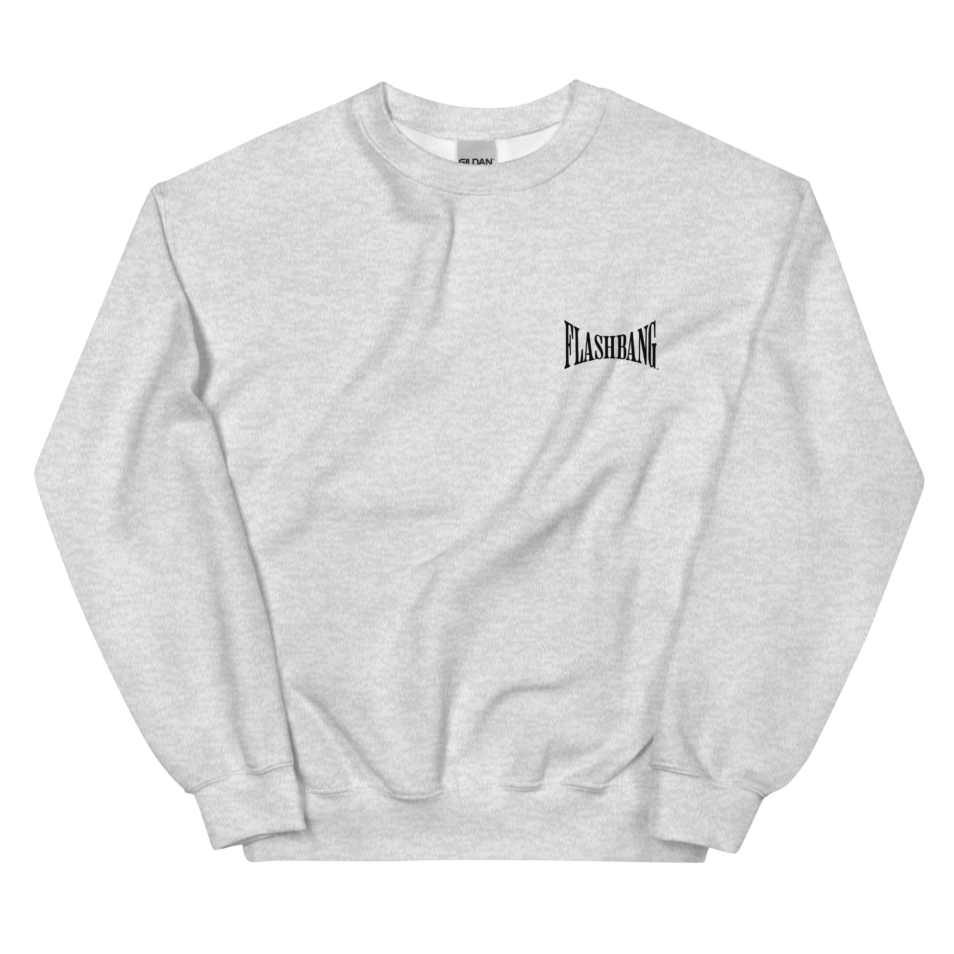 Gray sweatshirt with 'Flashbang' logo on a white background