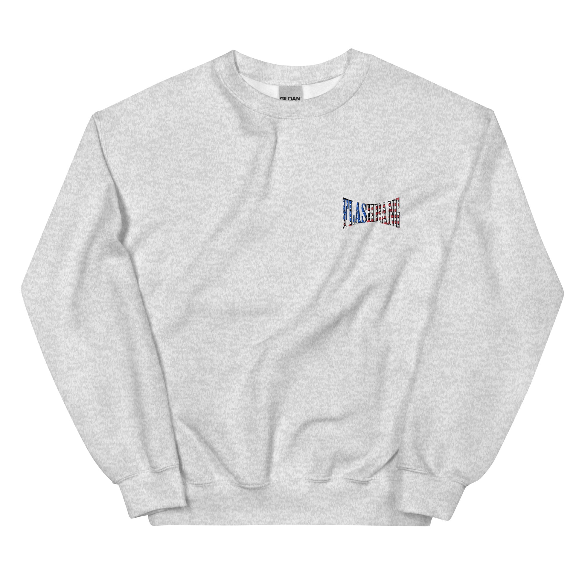 Gray sweatshirt with a small logo on the chest against a white background
