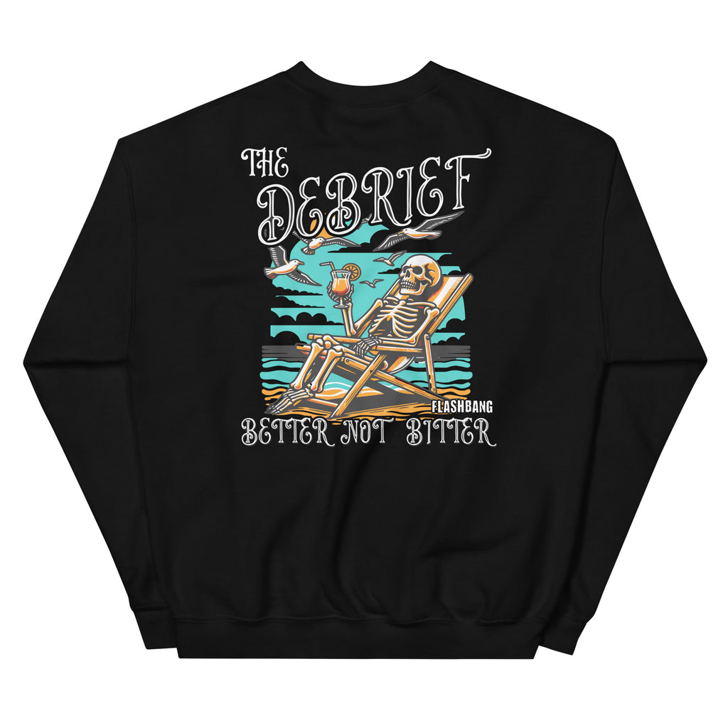 Black sweatshirt with a skeleton design and text on a white background