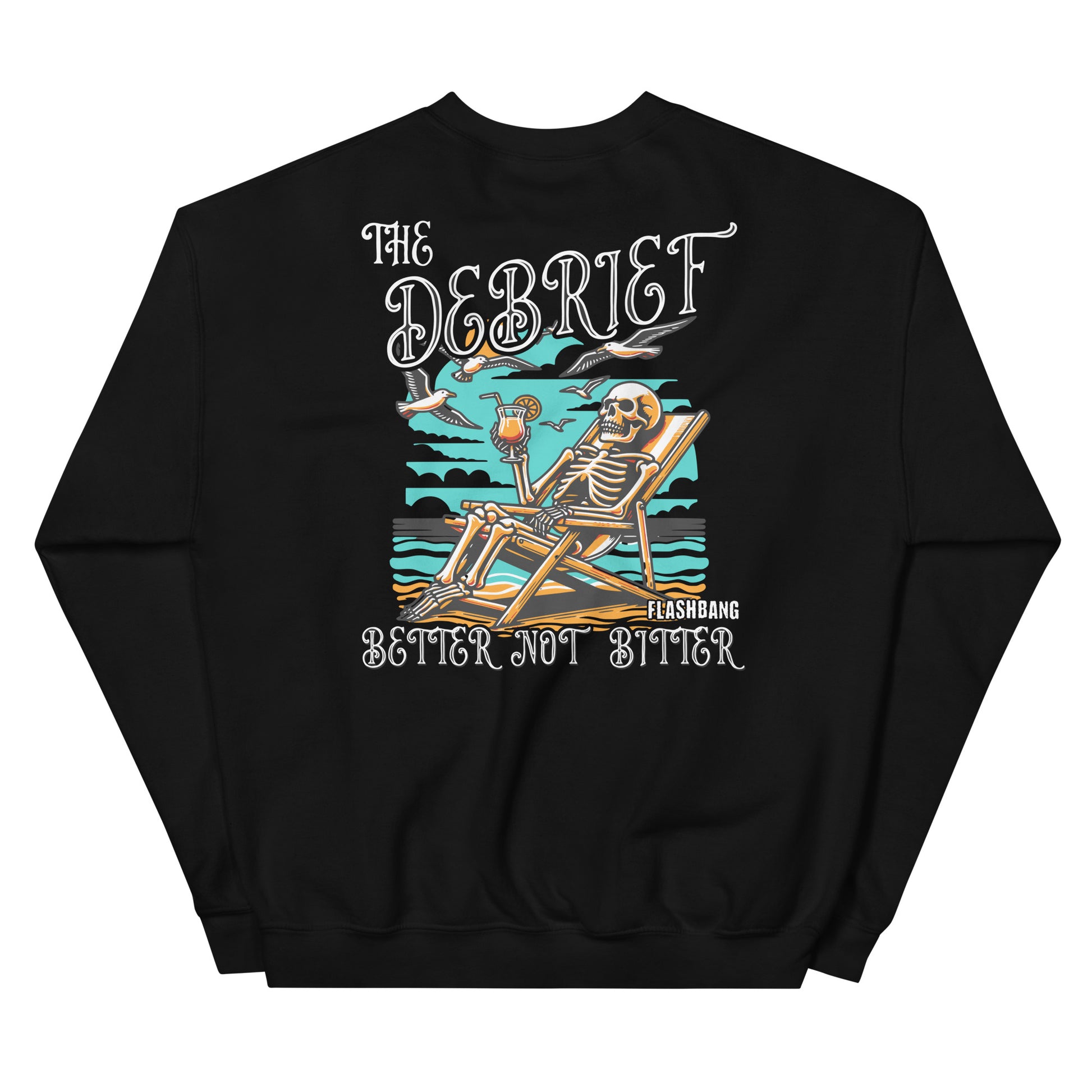 Black sweatshirt with a skeleton design and text on a white background