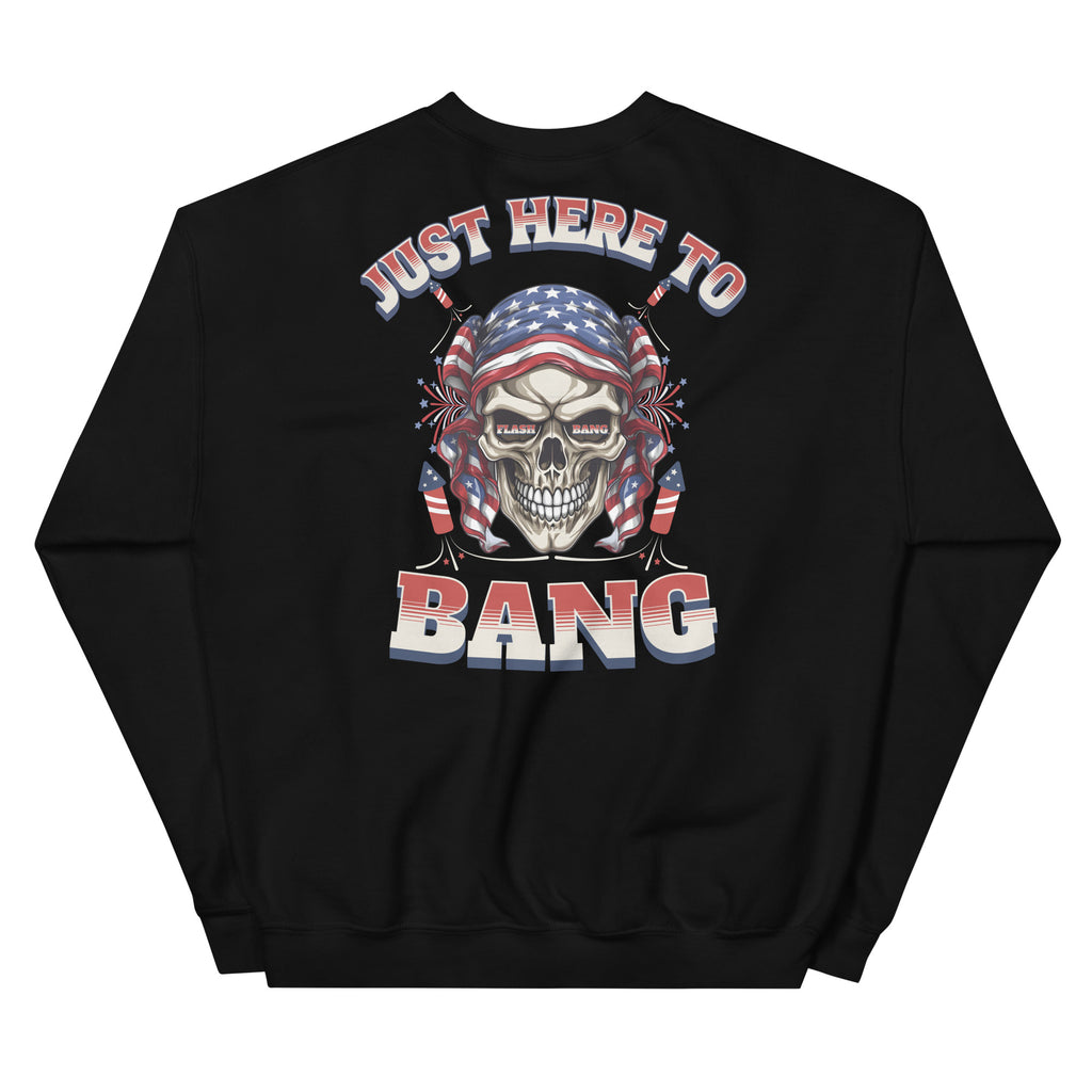 Black sweatshirt with a skull design and text 'Just Here To Bang' on a white background