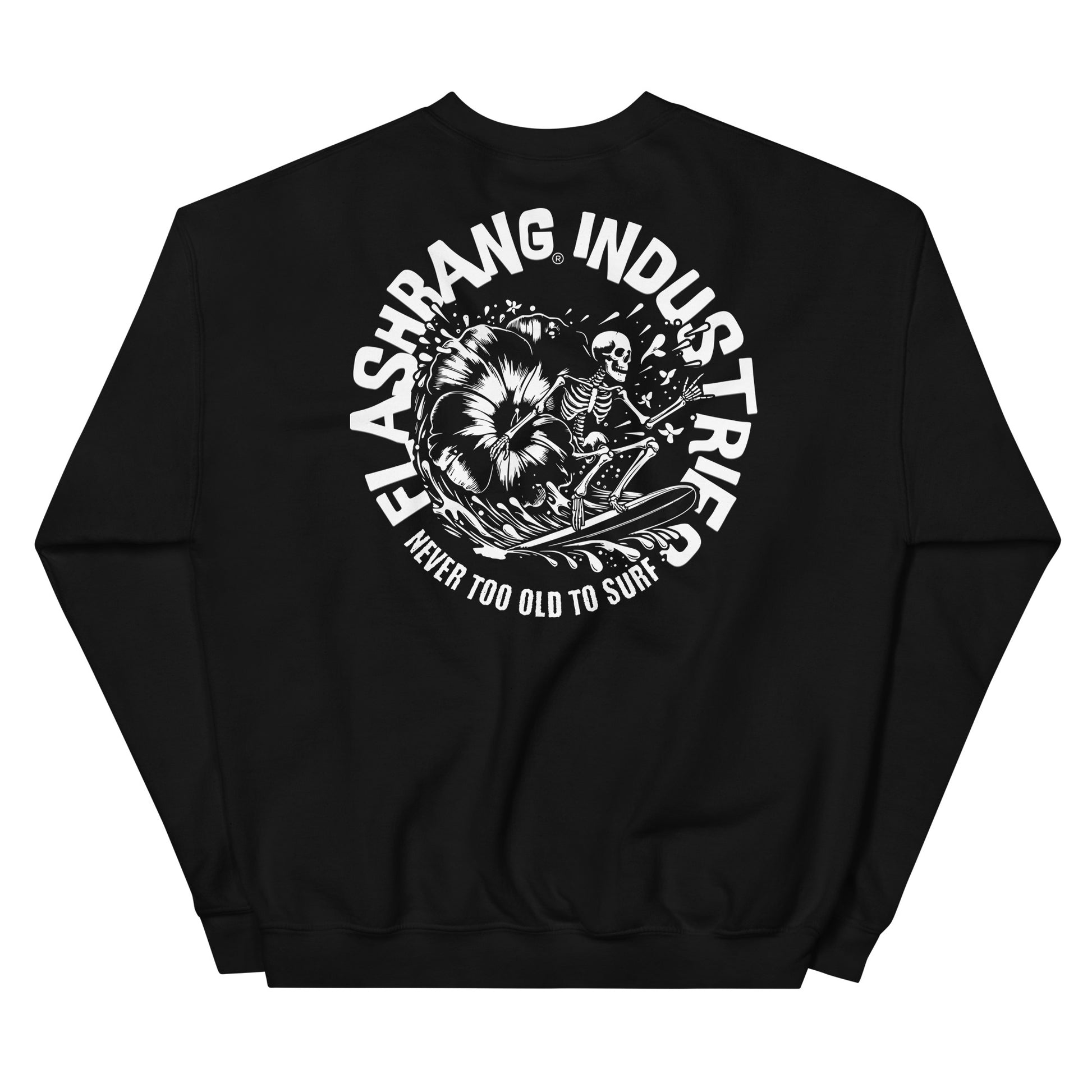 Black sweatshirt with white graphic and text on a white background