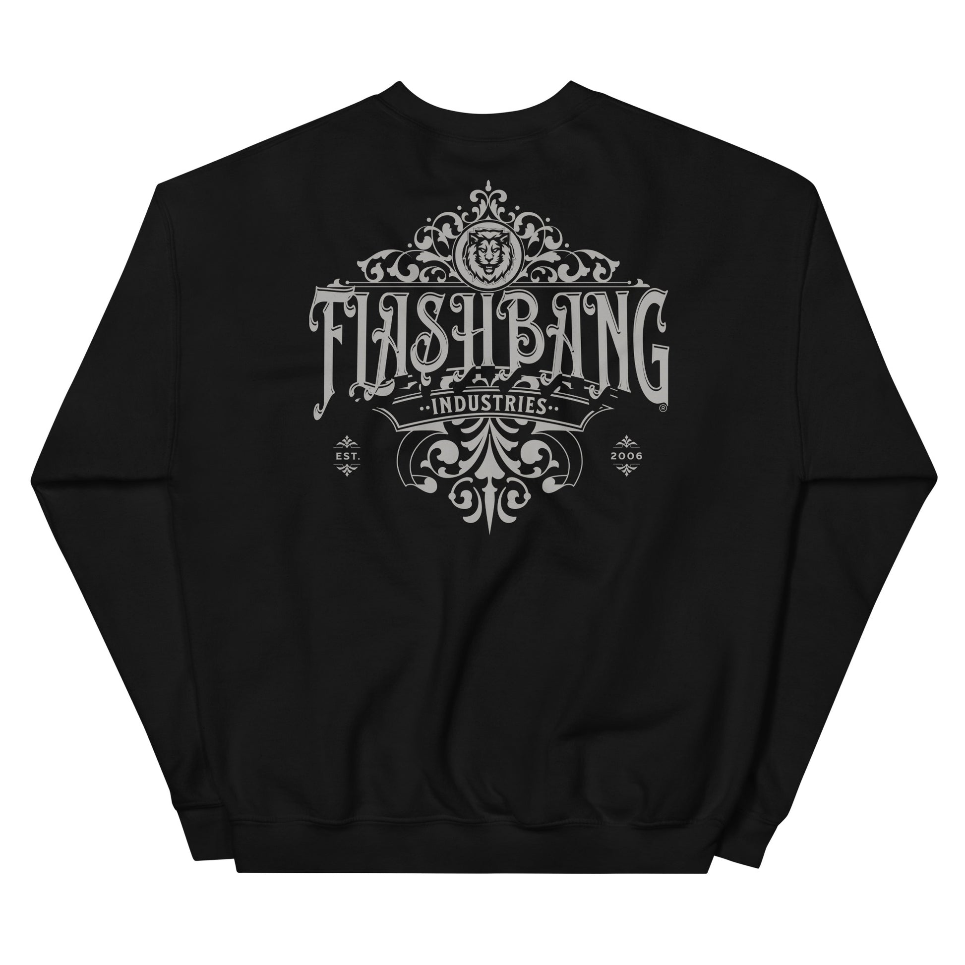Black sweatshirt with 'Flashbang Industries' logo on a white background