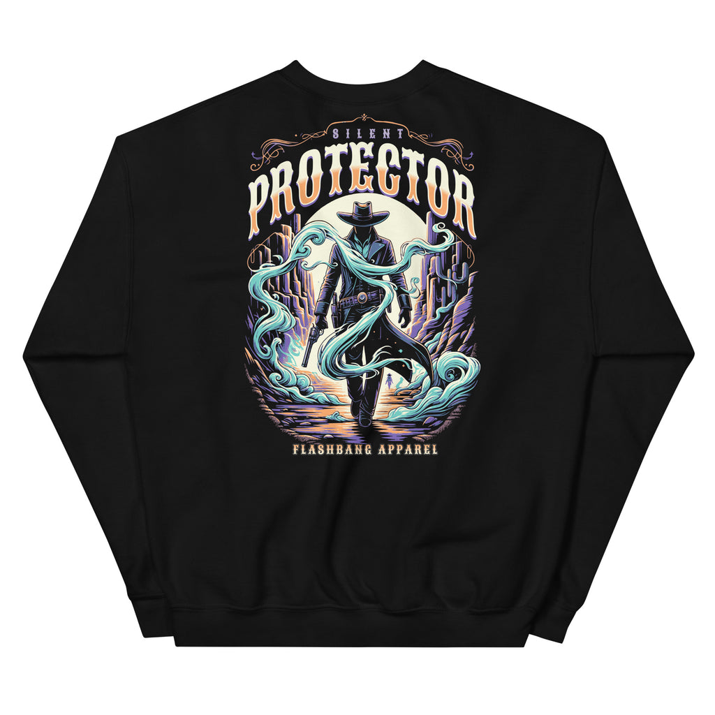 Black sweatshirt with a colorful graphic design on the back featuring the text 'Silent Protector' and 'Flashbang Apparel'.