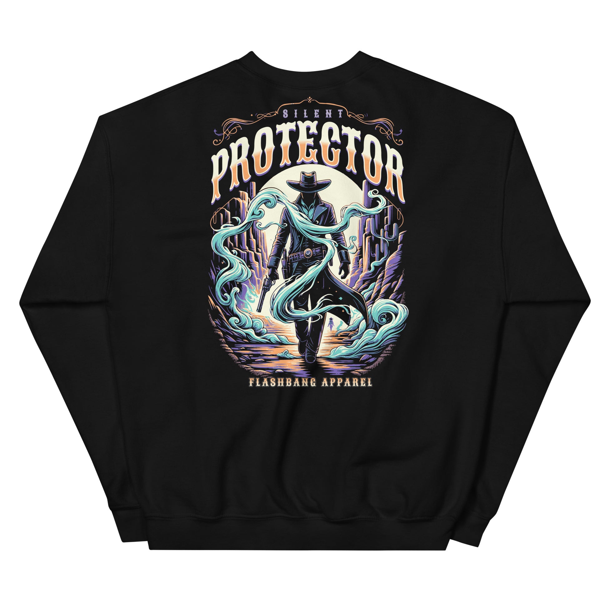 Black sweatshirt with a colorful graphic design on the back featuring the text 'Silent Protector' and 'Flashbang Apparel'.