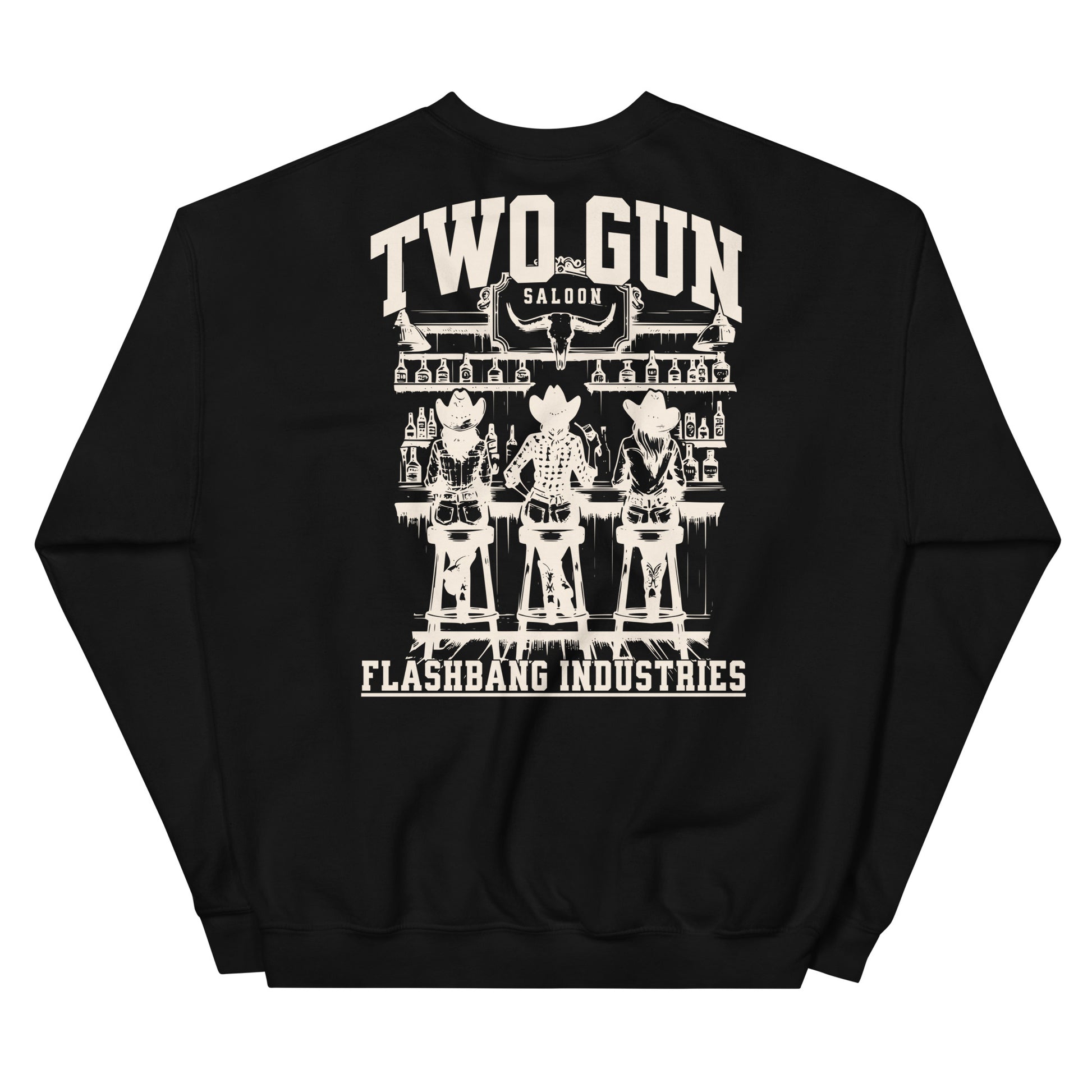 Black sweatshirt with white graphic design on a white background