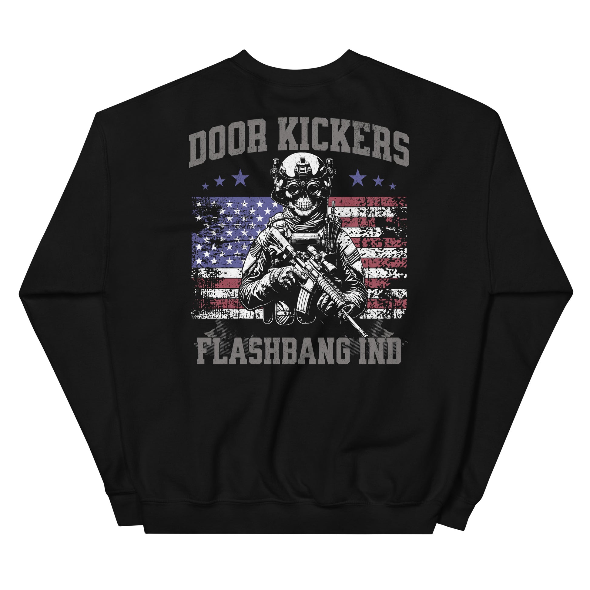 Black sweatshirt with graphic design and text on a white background