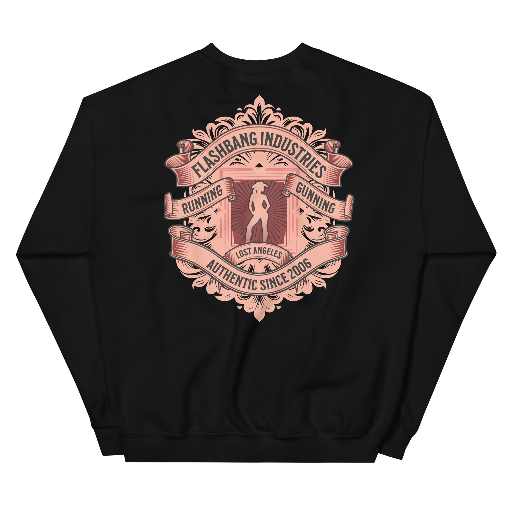Black sweatshirt with a pink graphic design on the back