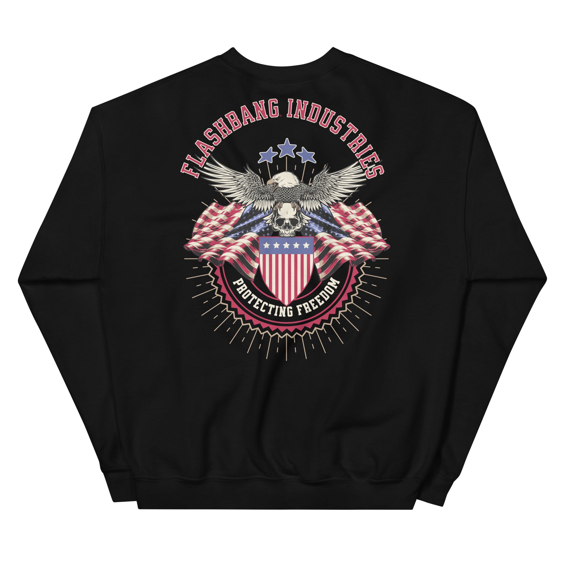 Black sweatshirt with 'Flashbang Industries' graphic design featuring an eagle and American flag on a white background.