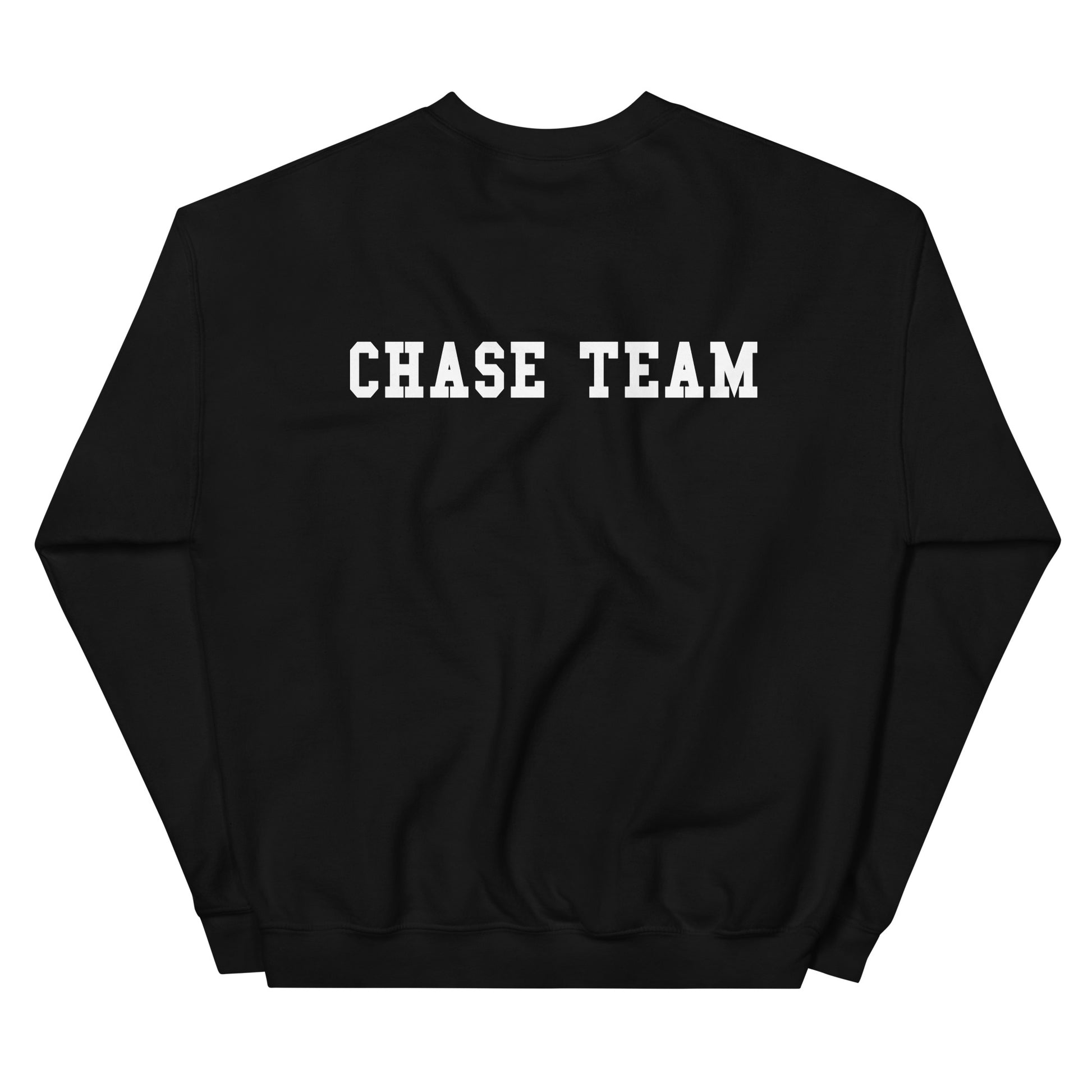 Black sweatshirt with 'CHASE TEAM' text on a white background