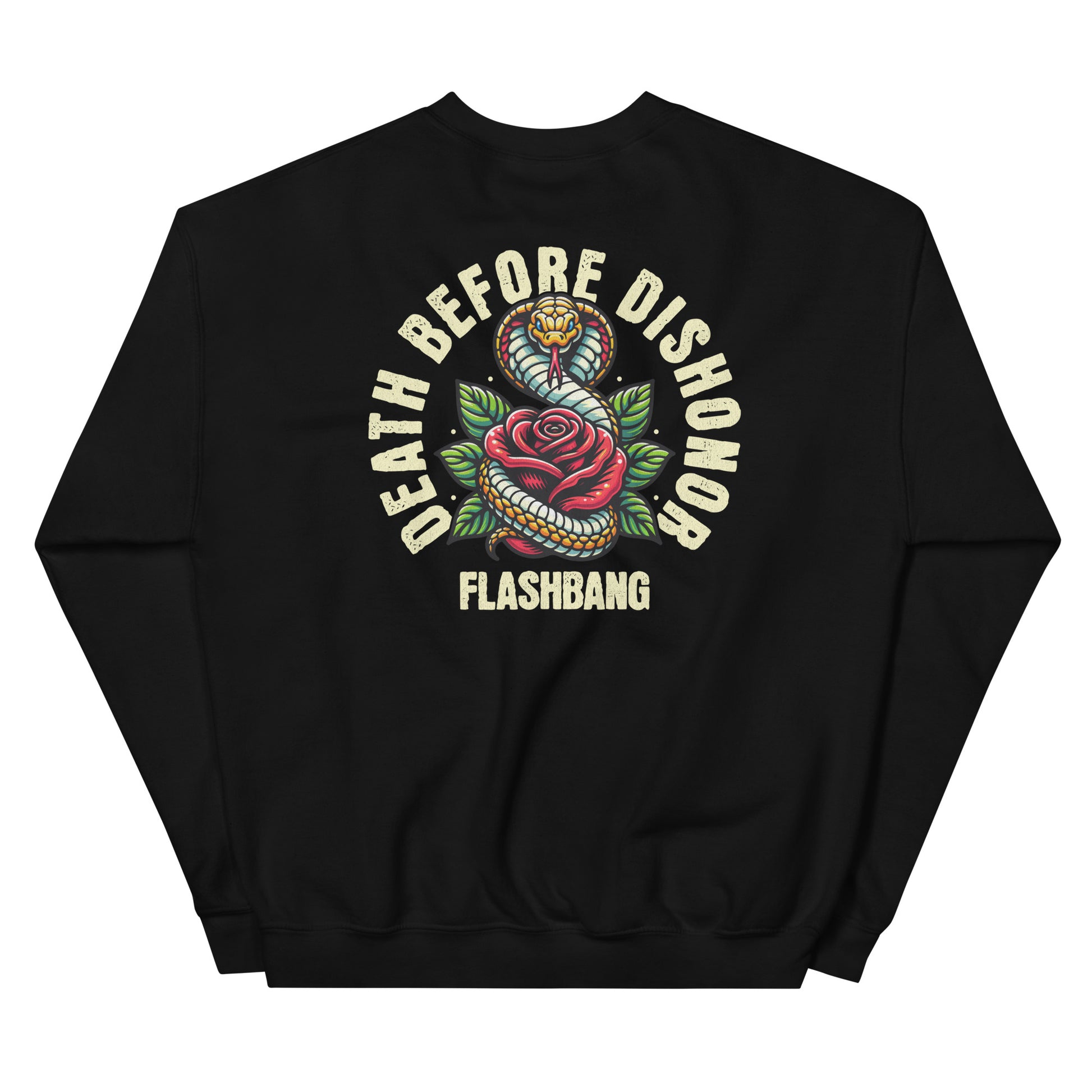 Black sweatshirt with 'Death Before Dishonor Flashbang' design on a white background