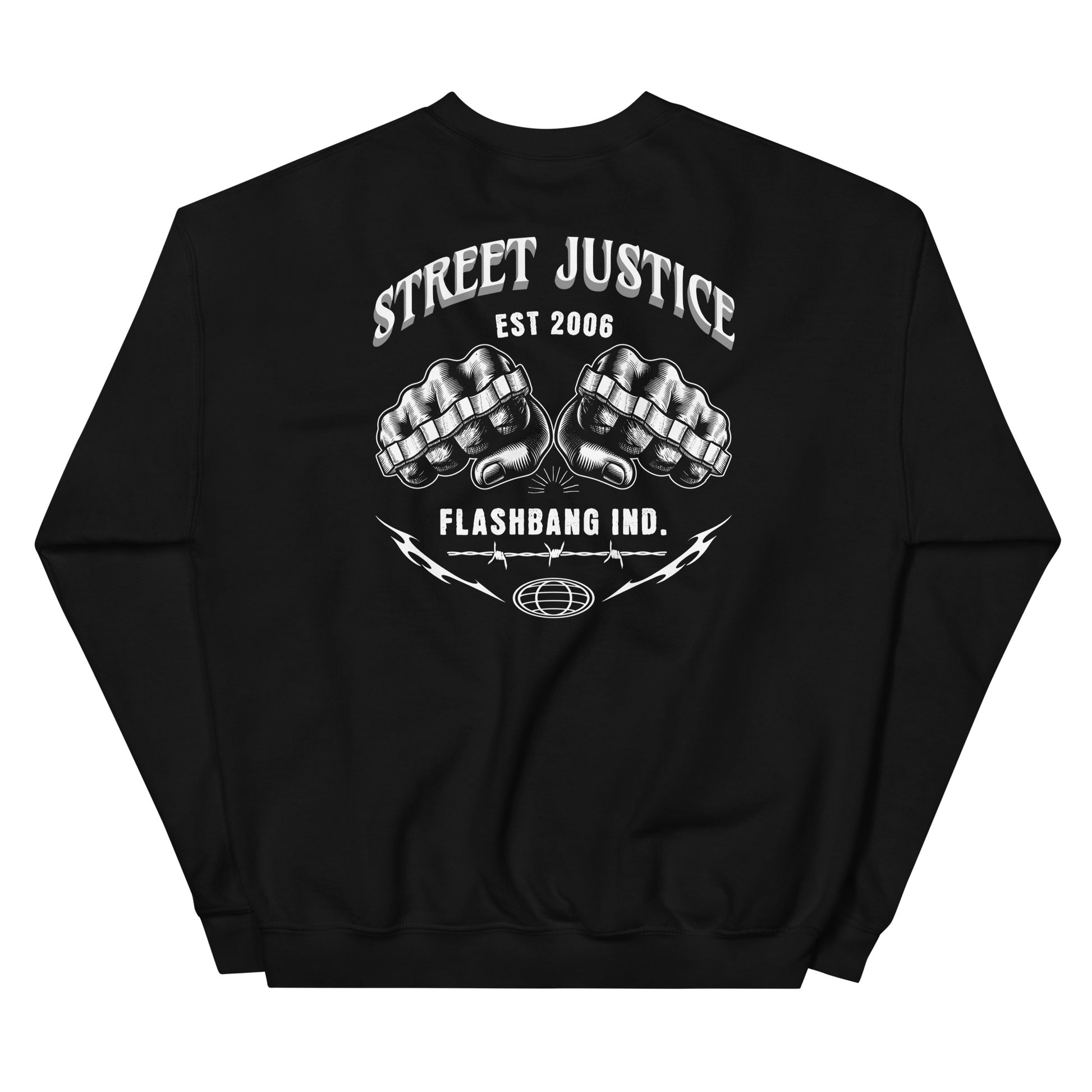 Black sweatshirt with 'Street Justice' and 'Flashbang Ind.' text design on a white background