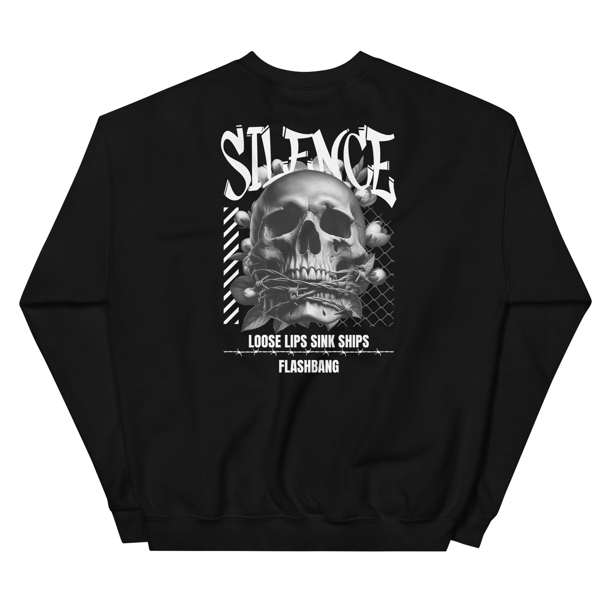 Black sweatshirt with skull graphic and text on a white background