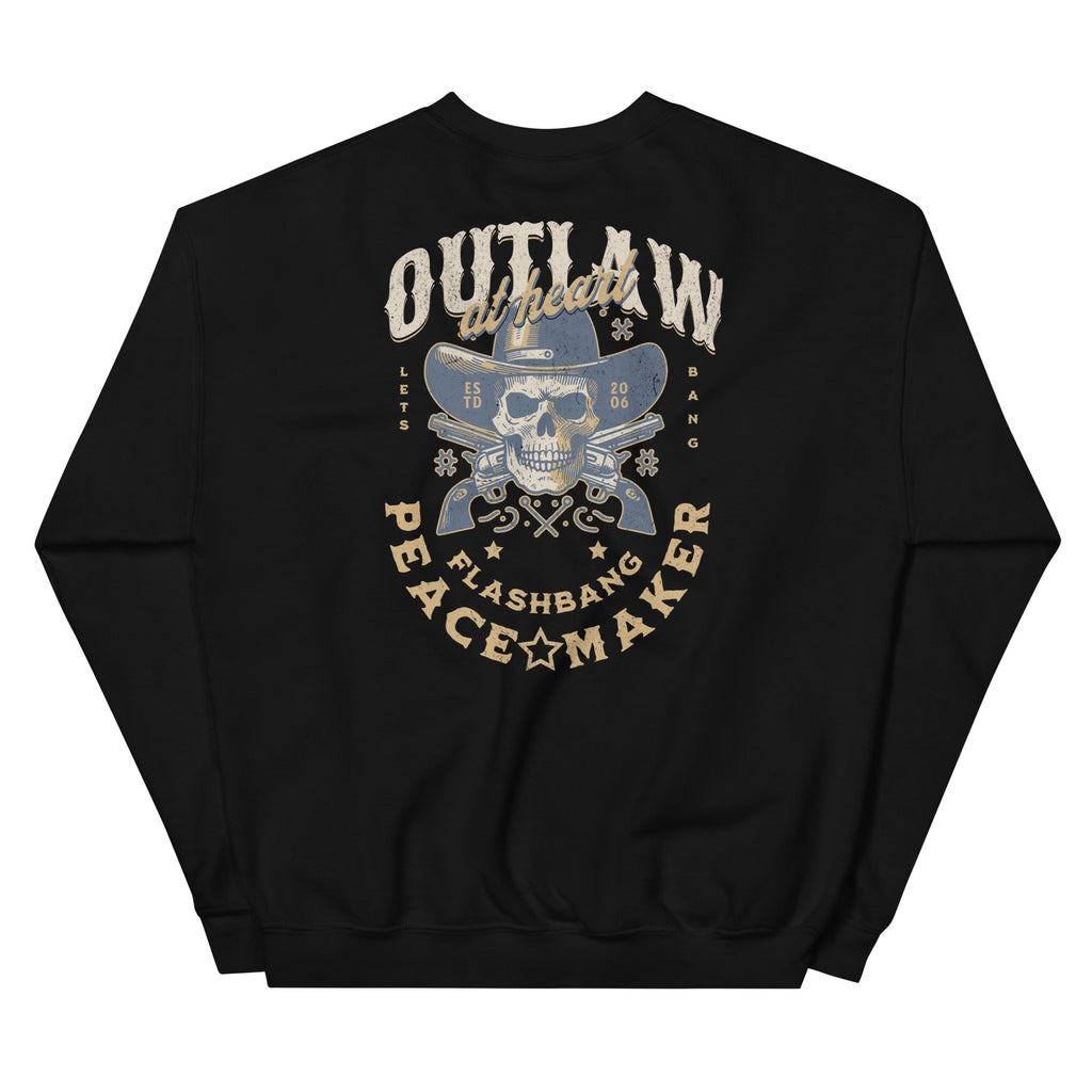 Black sweatshirt with skull and text design on a white background