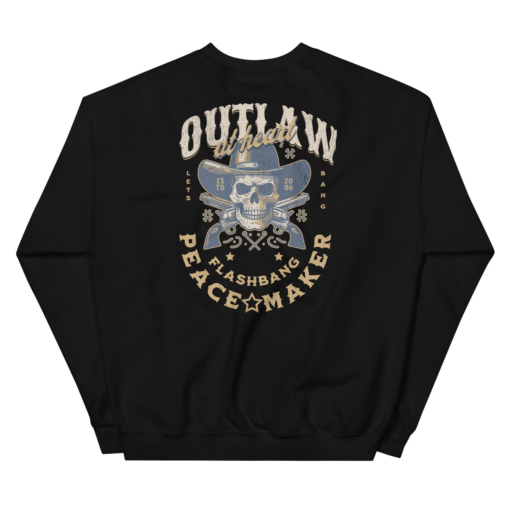 Black sweatshirt with skull and text design on a white background