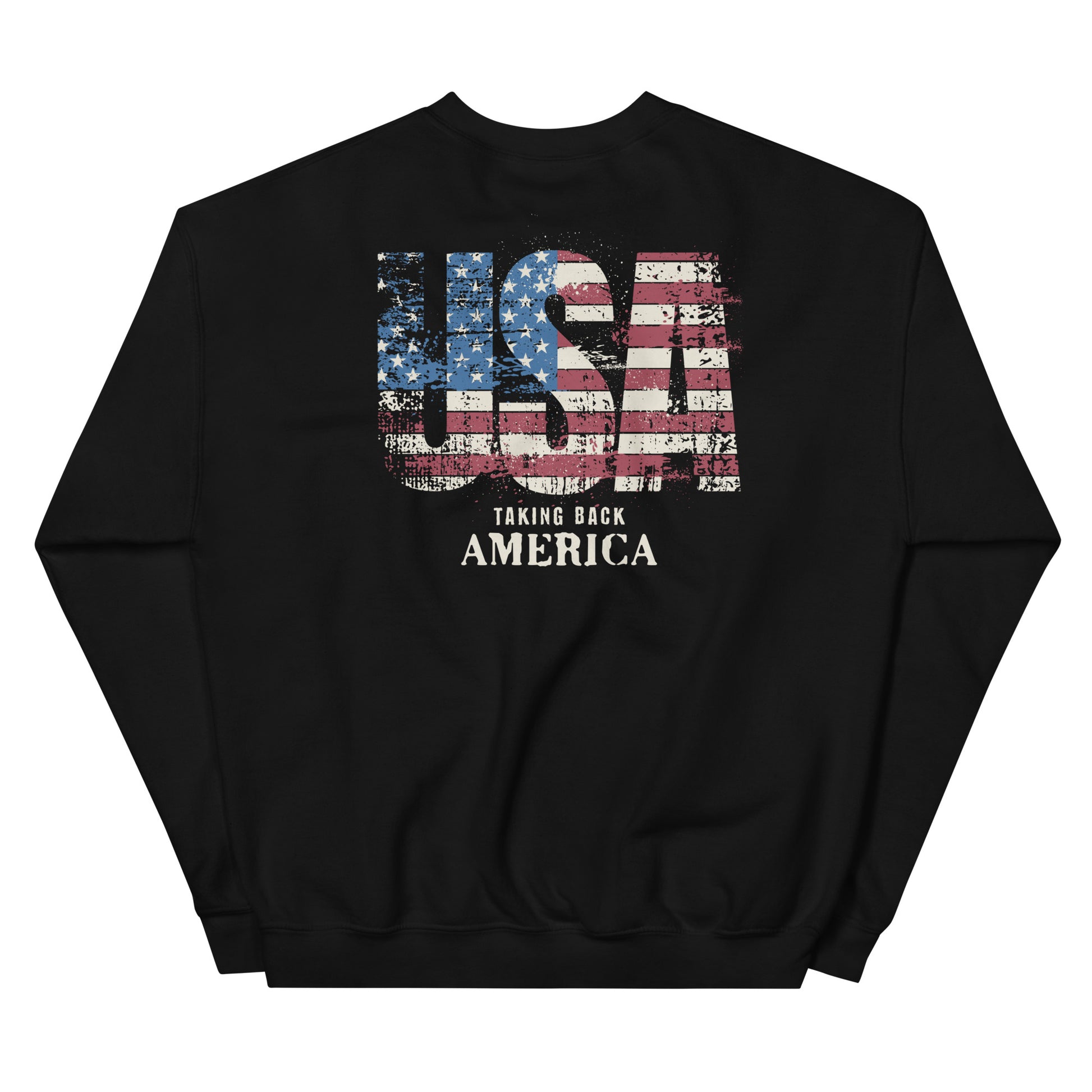 Black sweatshirt with USA flag design and text on a white background