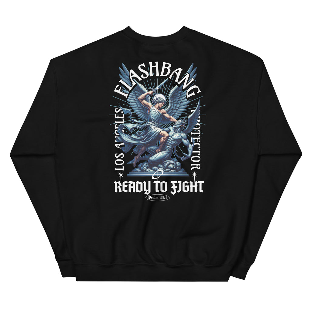 Black sweatshirt with graphic design and text on a white background