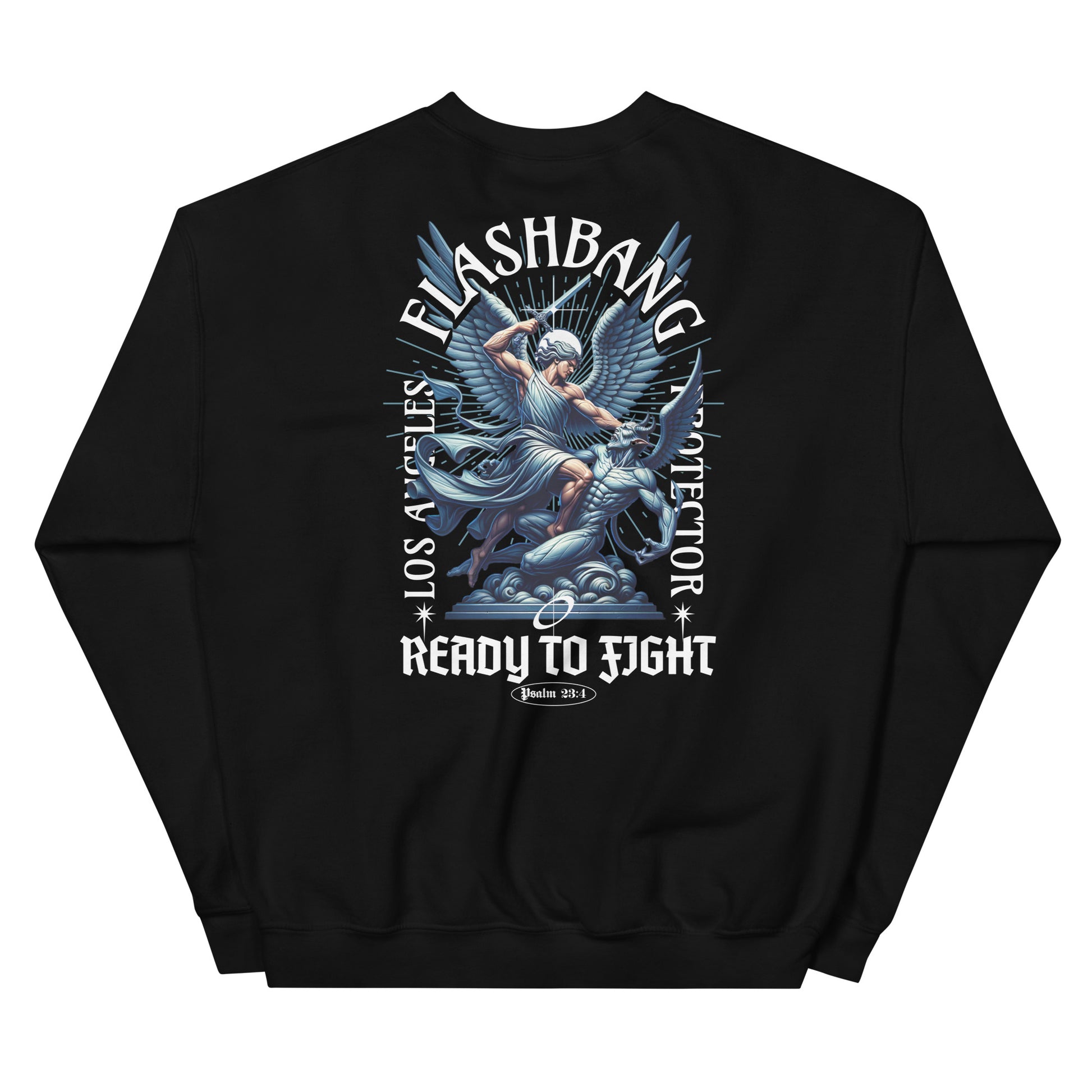 Black sweatshirt with graphic design and text on a white background