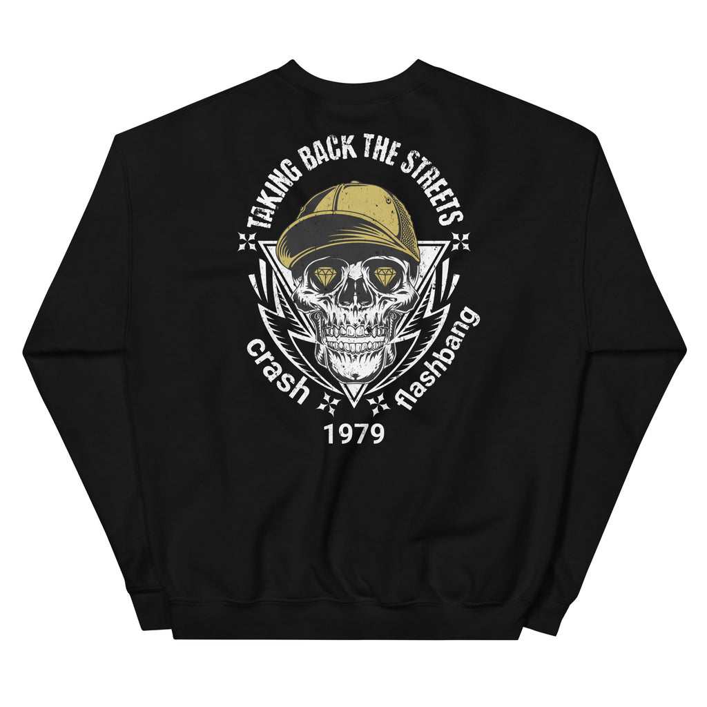 Black sweatshirt with skull and cap graphic and text on a white background