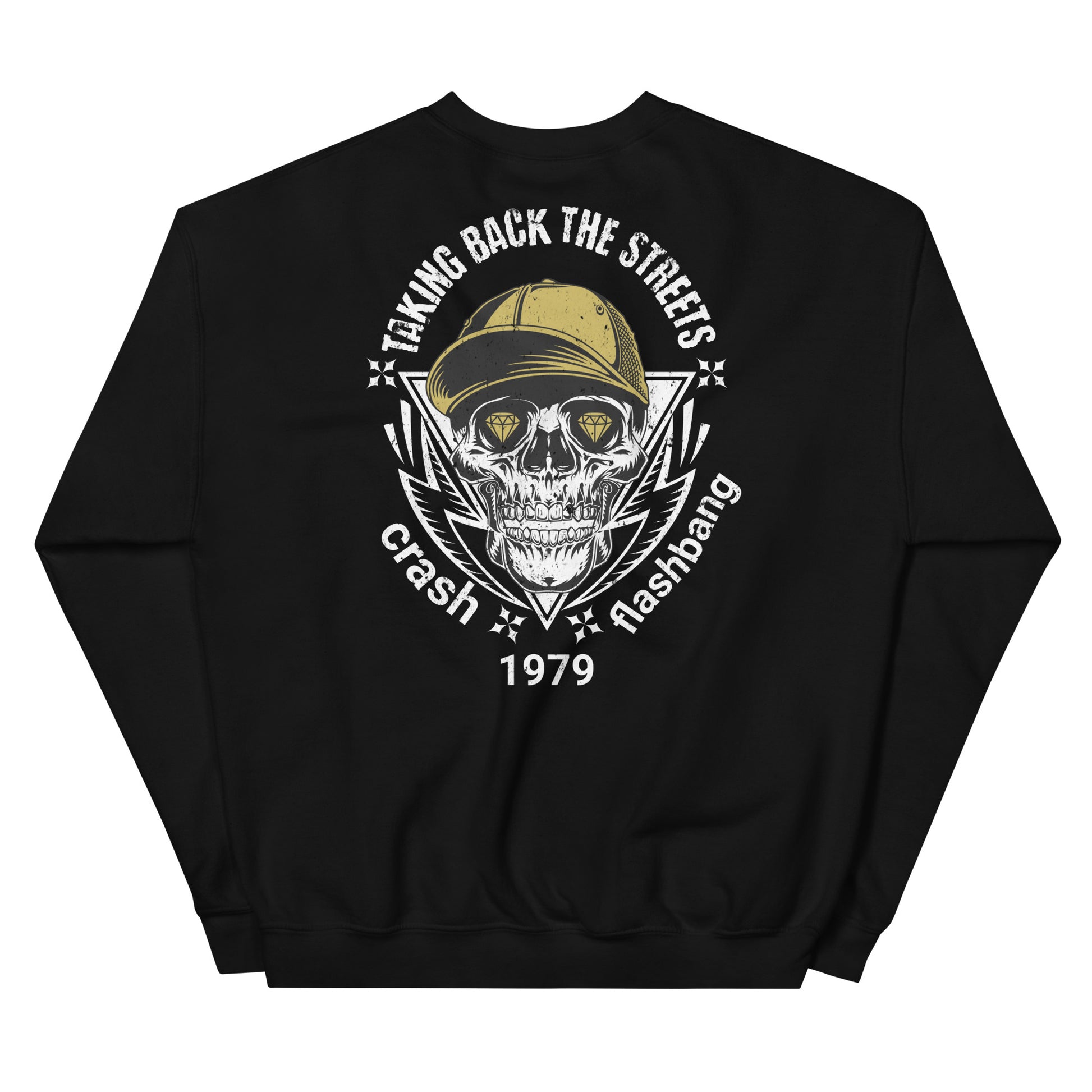 Black sweatshirt with skull and cap graphic and text on a white background