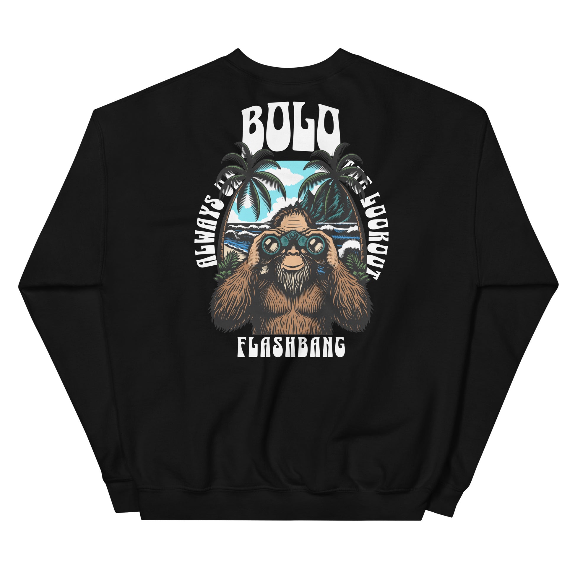 Black sweatshirt with a graphic design of a monkey and text on a white background