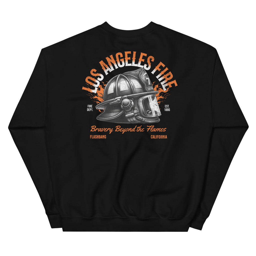 Black sweatshirt with 'Los Angeles Fire' graphic design on a white background