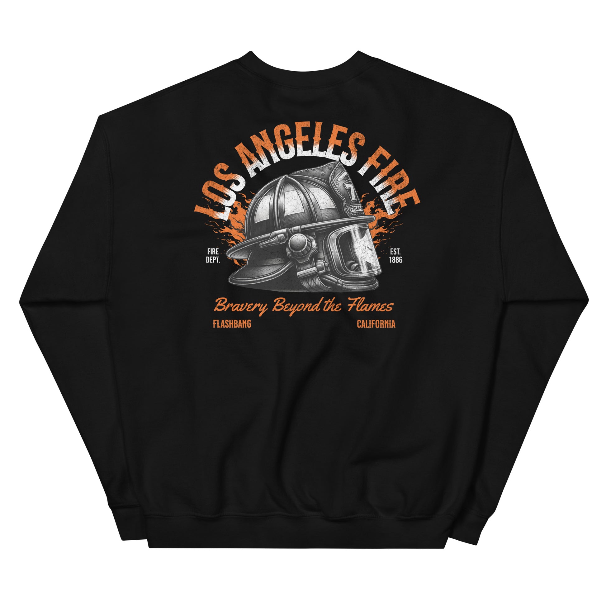 Black sweatshirt with 'Los Angeles Fire' graphic design on a white background