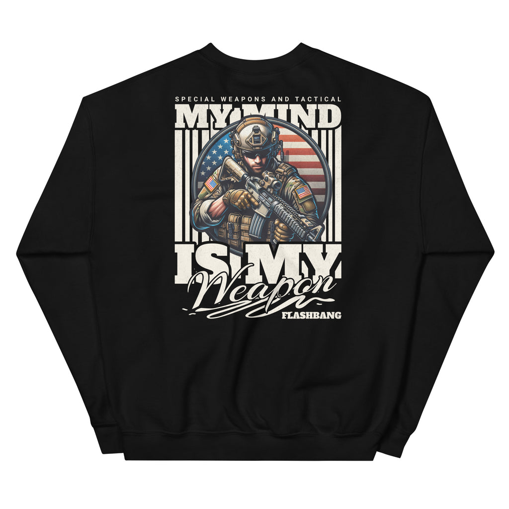 Black sweatshirt with graphic design of a soldier and text on a white background