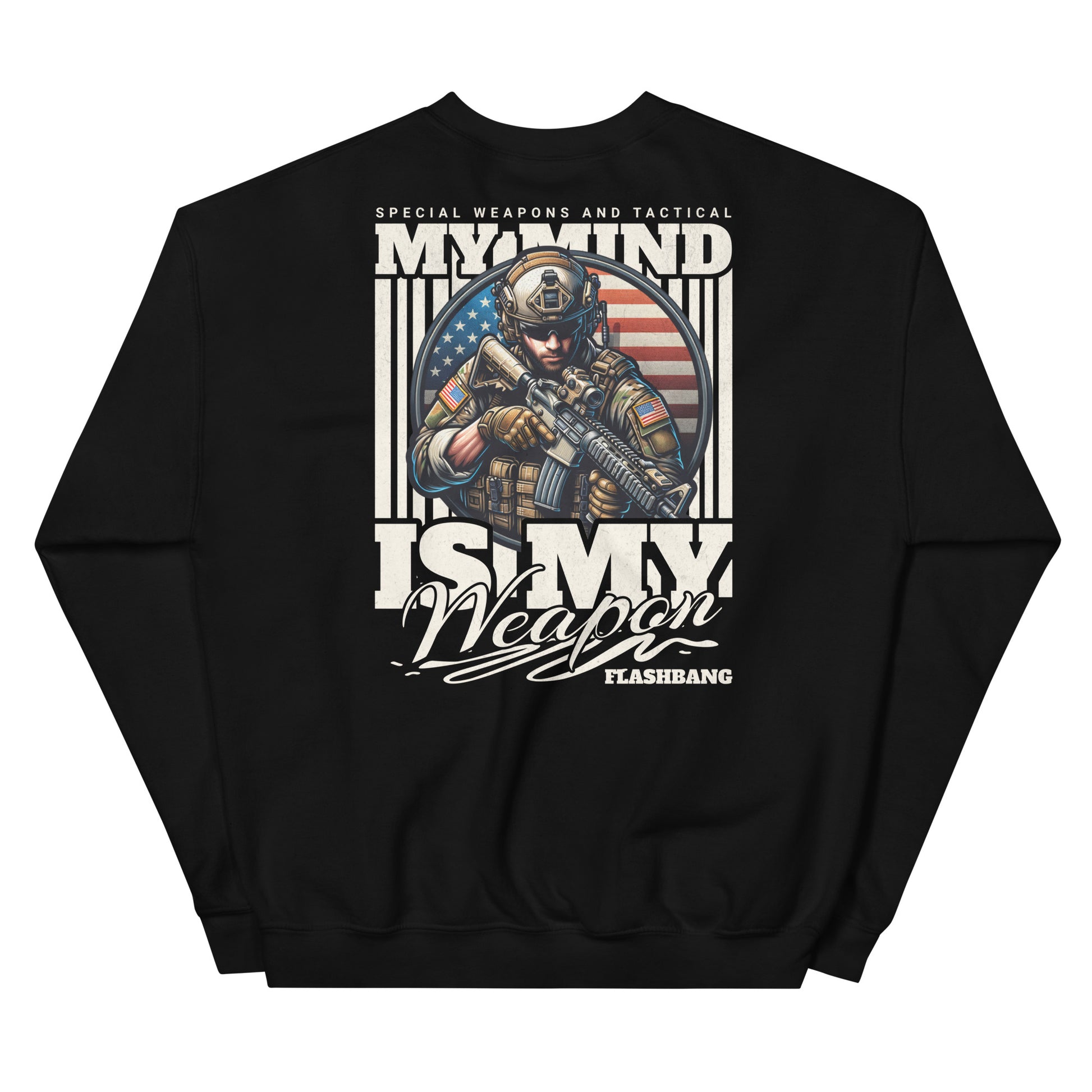 Black sweatshirt with graphic design of a soldier and text on a white background