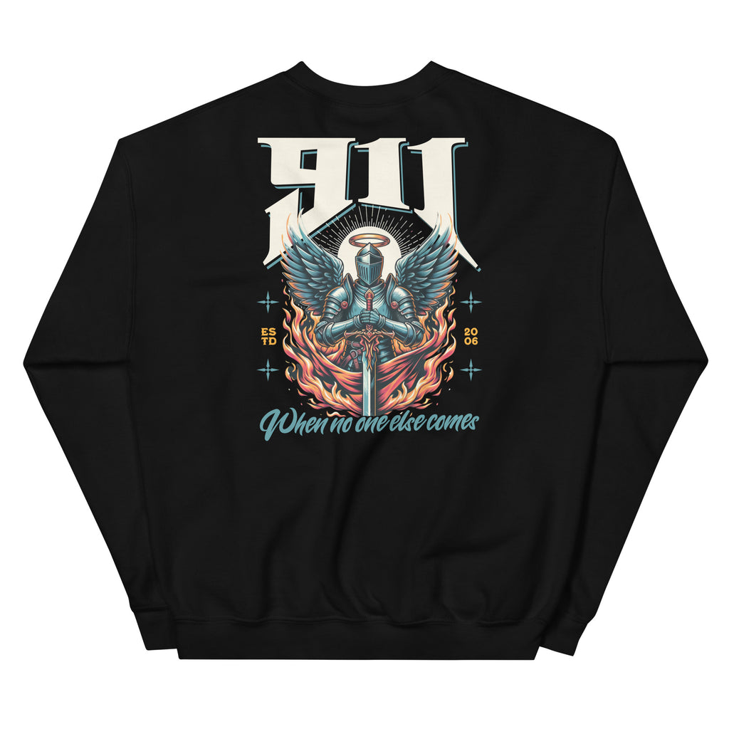 Black sweatshirt with a graphic design of a knight with wings and text on a white background