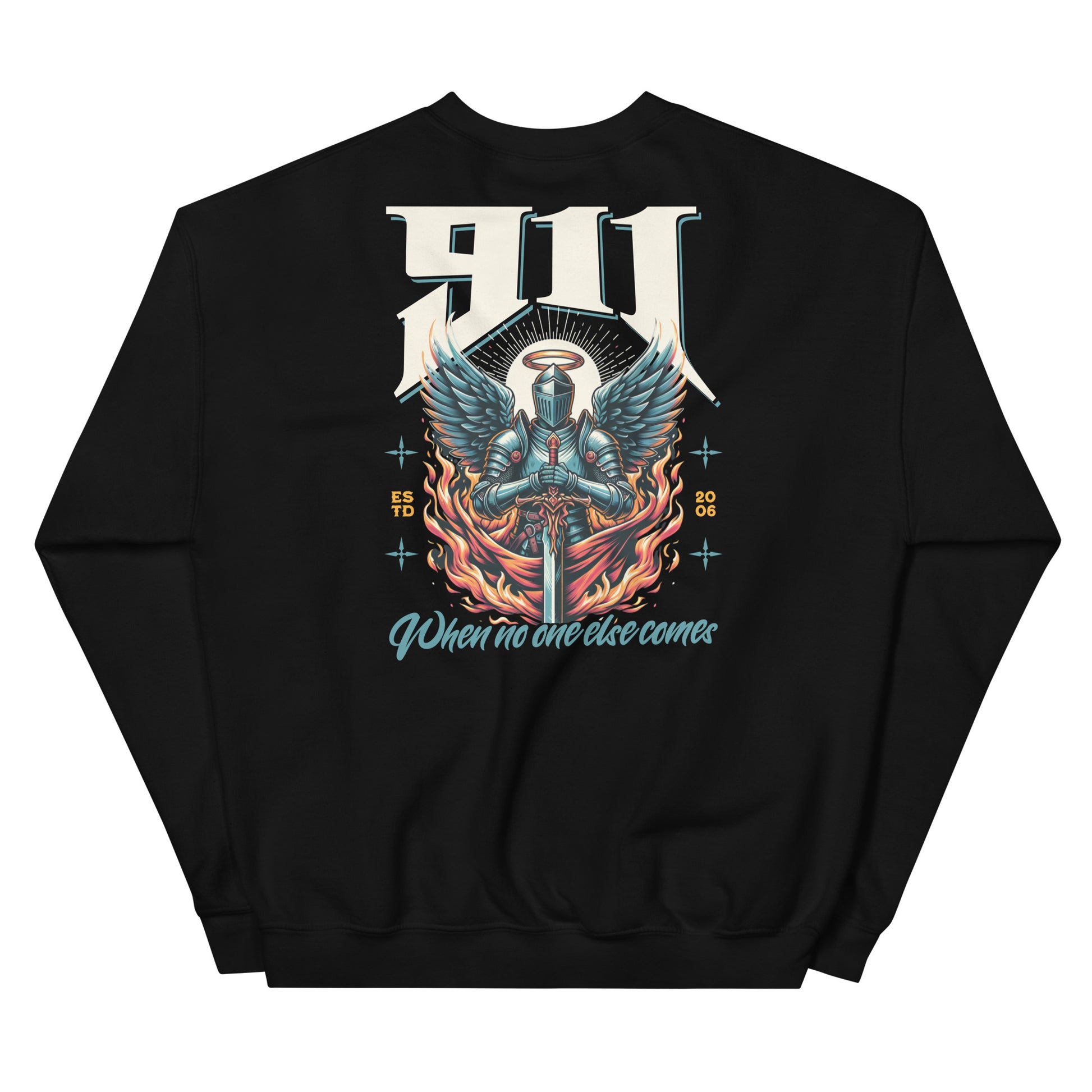 Black sweatshirt with a graphic design of a knight with wings and text on a white background