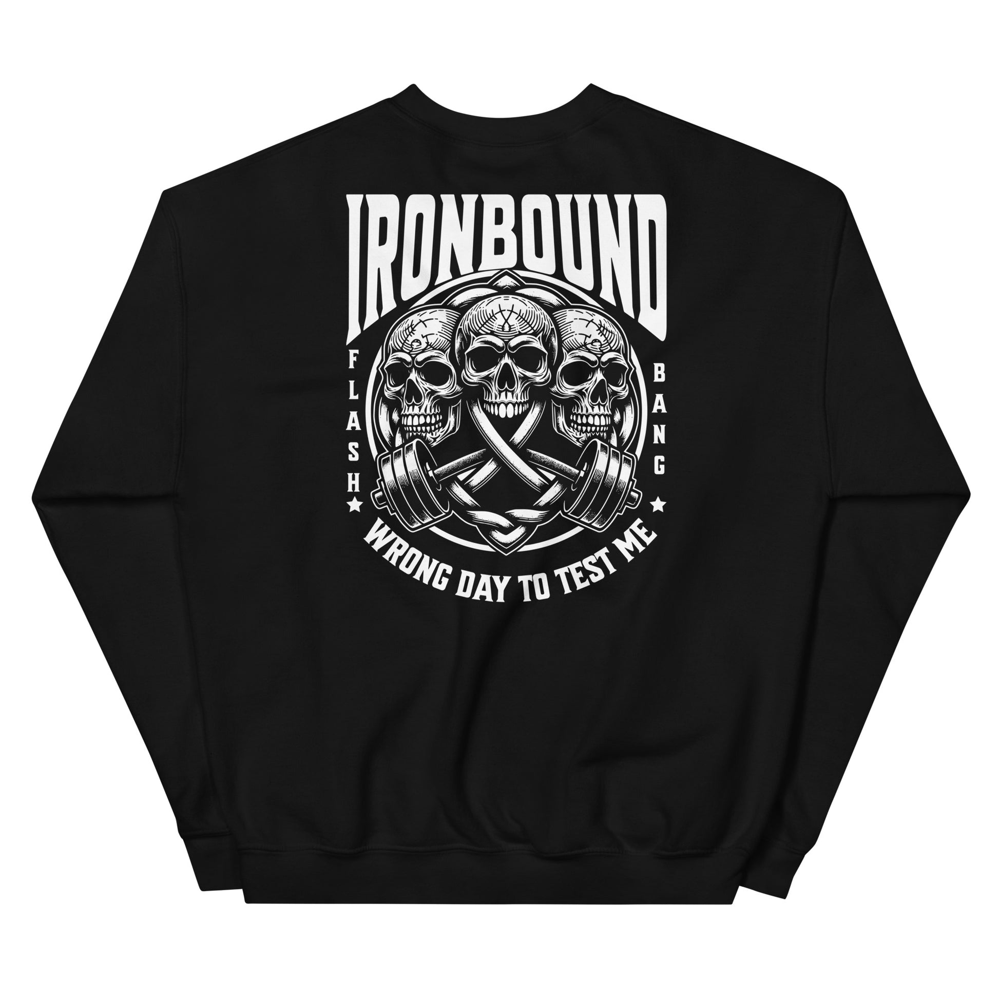 Black sweatshirt with skull and barbell design and 'IRONBOUND' text on a white background