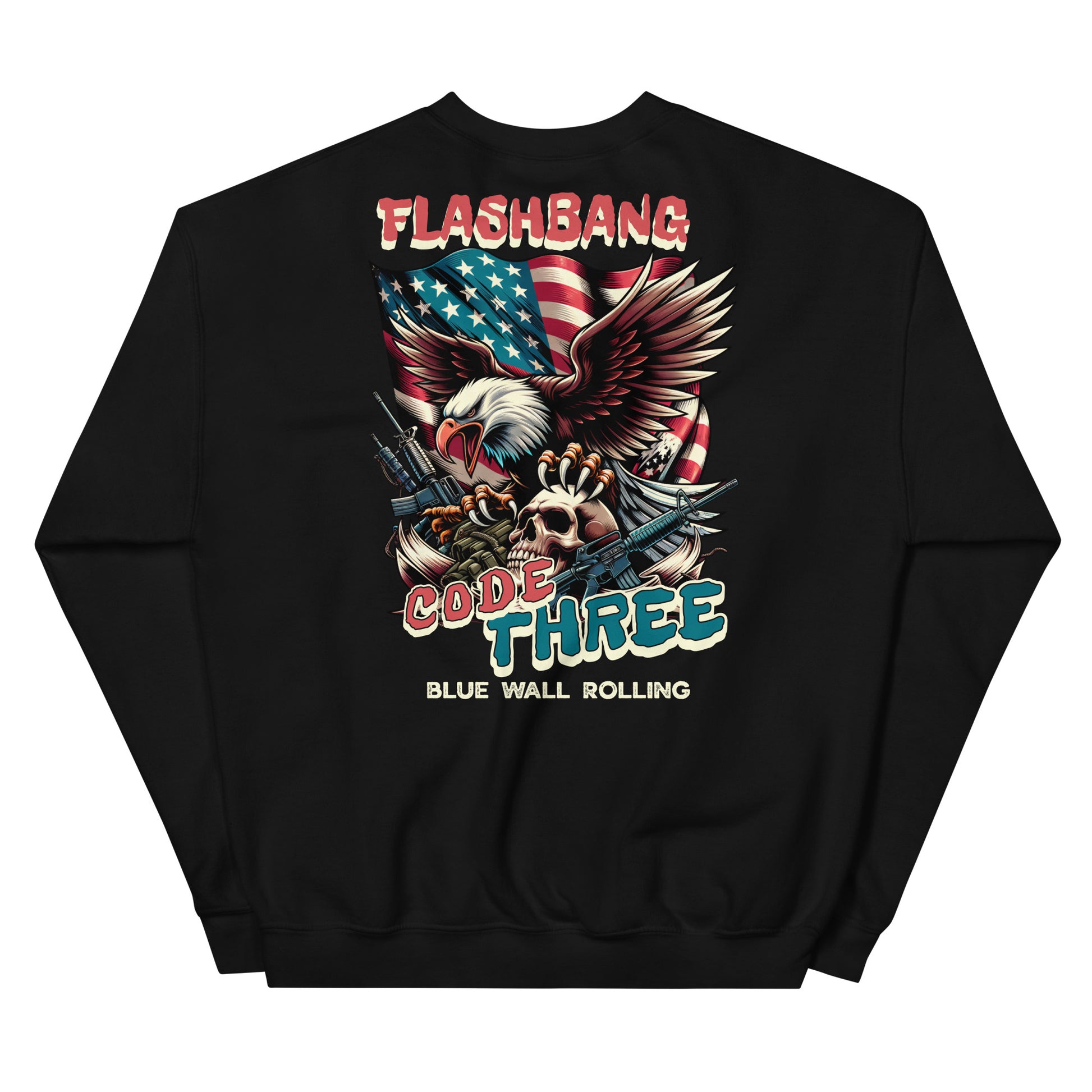 Black sweatshirt with graphic design featuring an eagle, American flag, and text on a white background