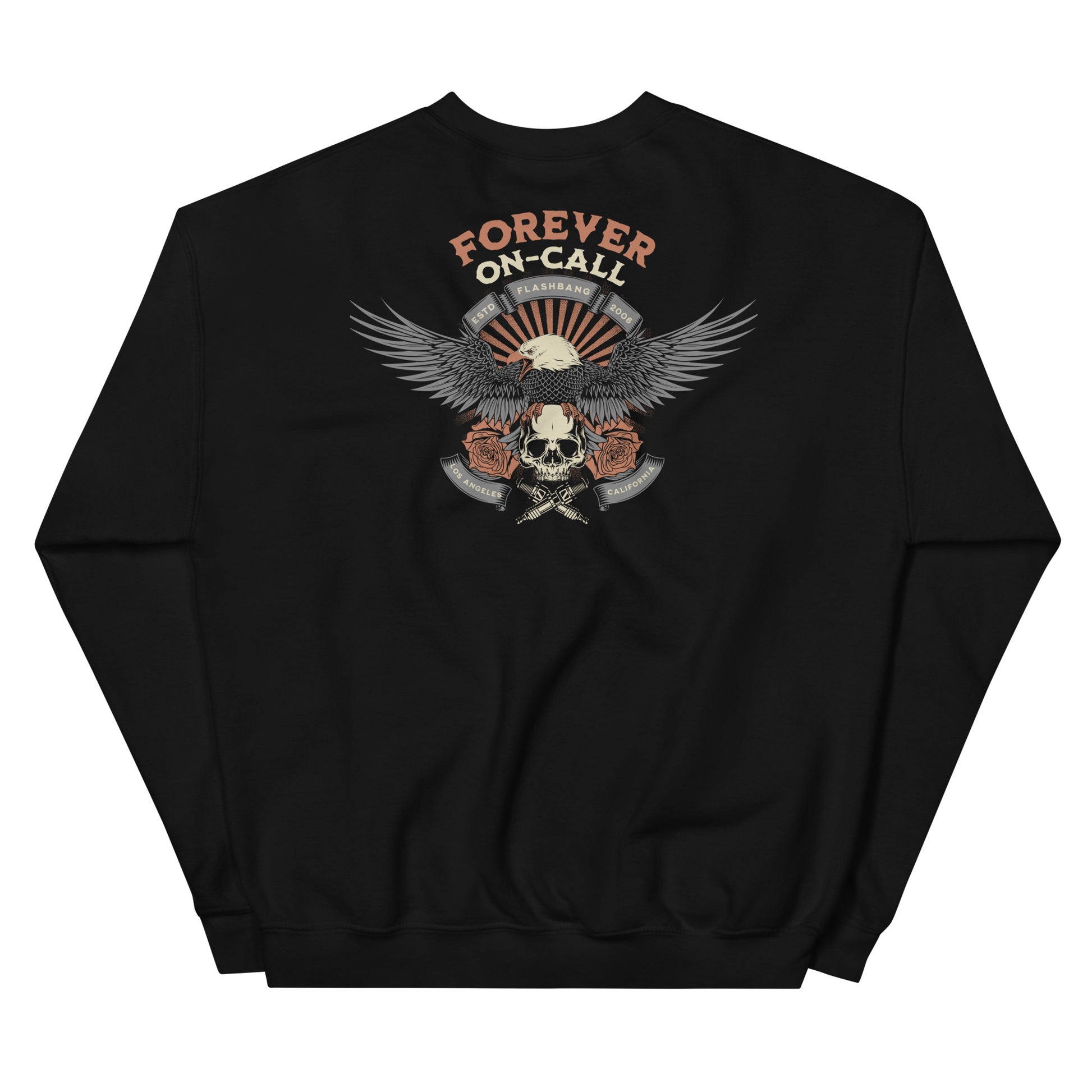 Black sweatshirt with eagle and skull design on a white background