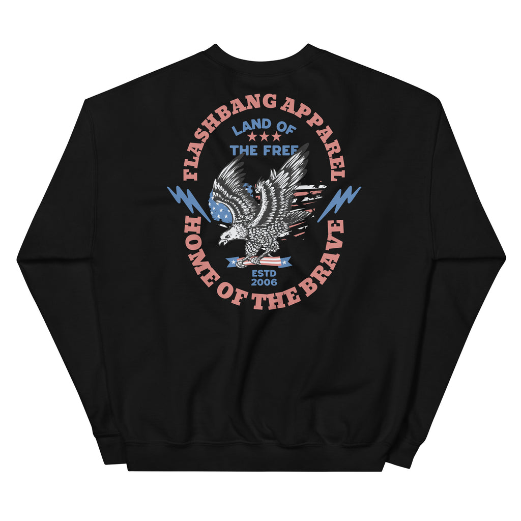 Black sweatshirt with an eagle graphic and text on a white background